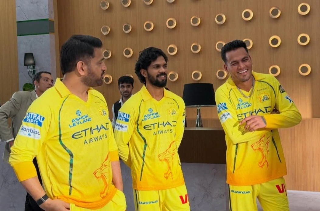 Chennai Super Kings New Trio Pose with MS Dhoni in Photoshoot