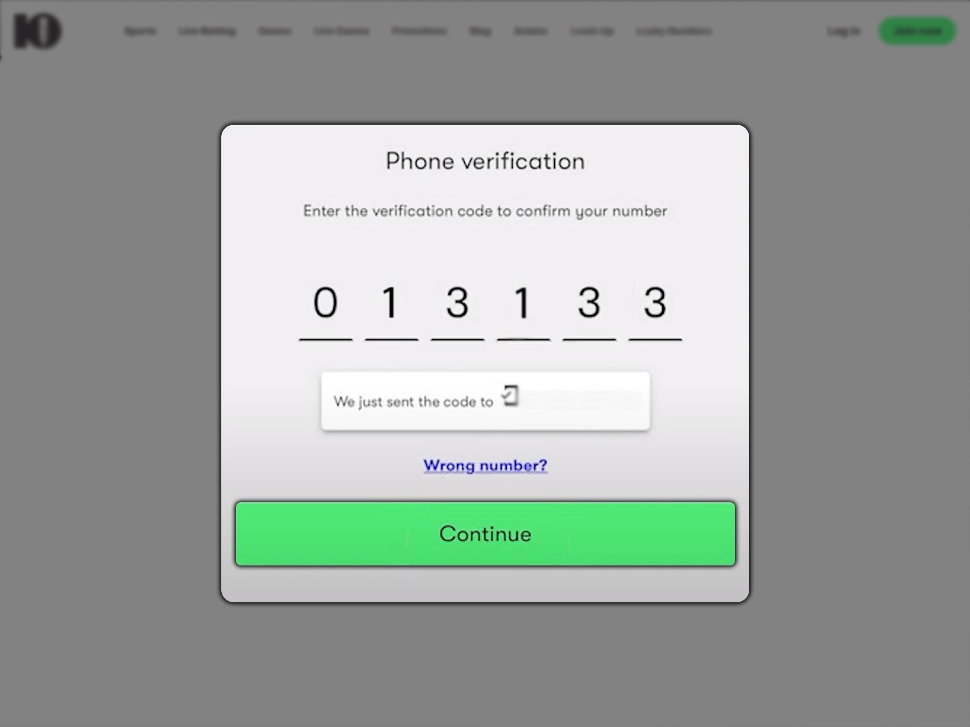 Enter the code in the appropriate field to complete verification at 10bet.
