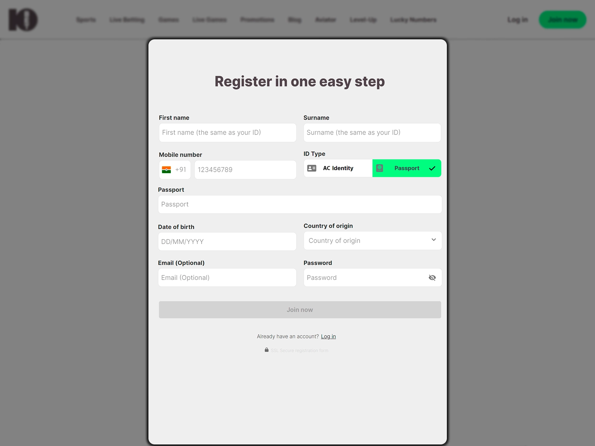 Fill in the fields of the 10bet registration form.