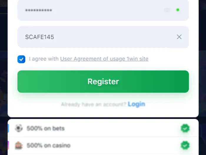 Diagrama de flujo de activación y uso de un código promocional 1win en la app y escritorio