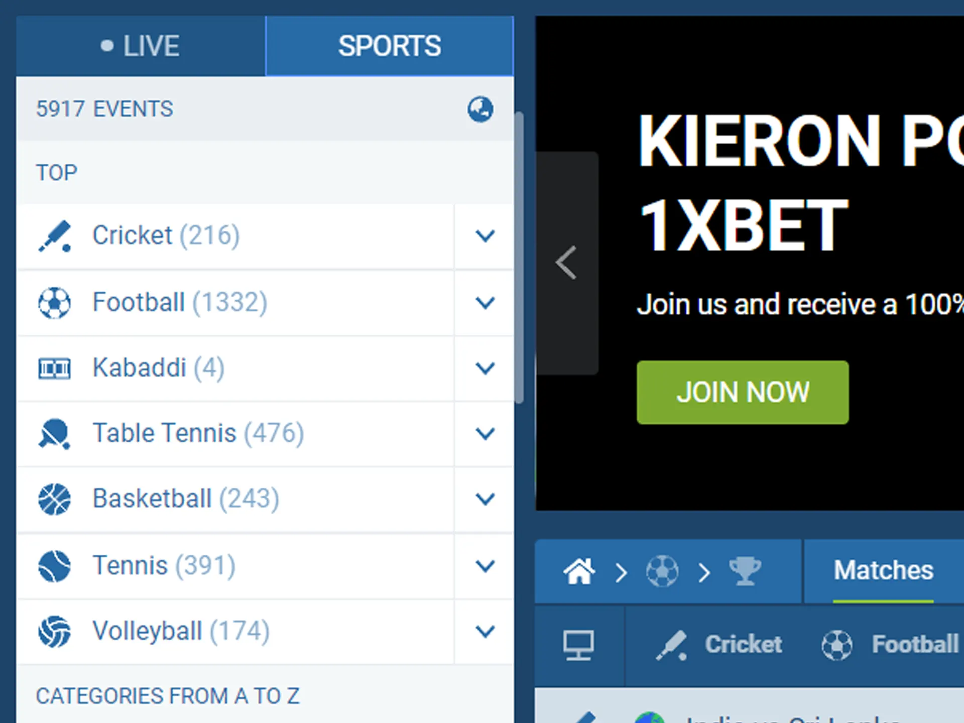 Select your favourite sports to bet on.
