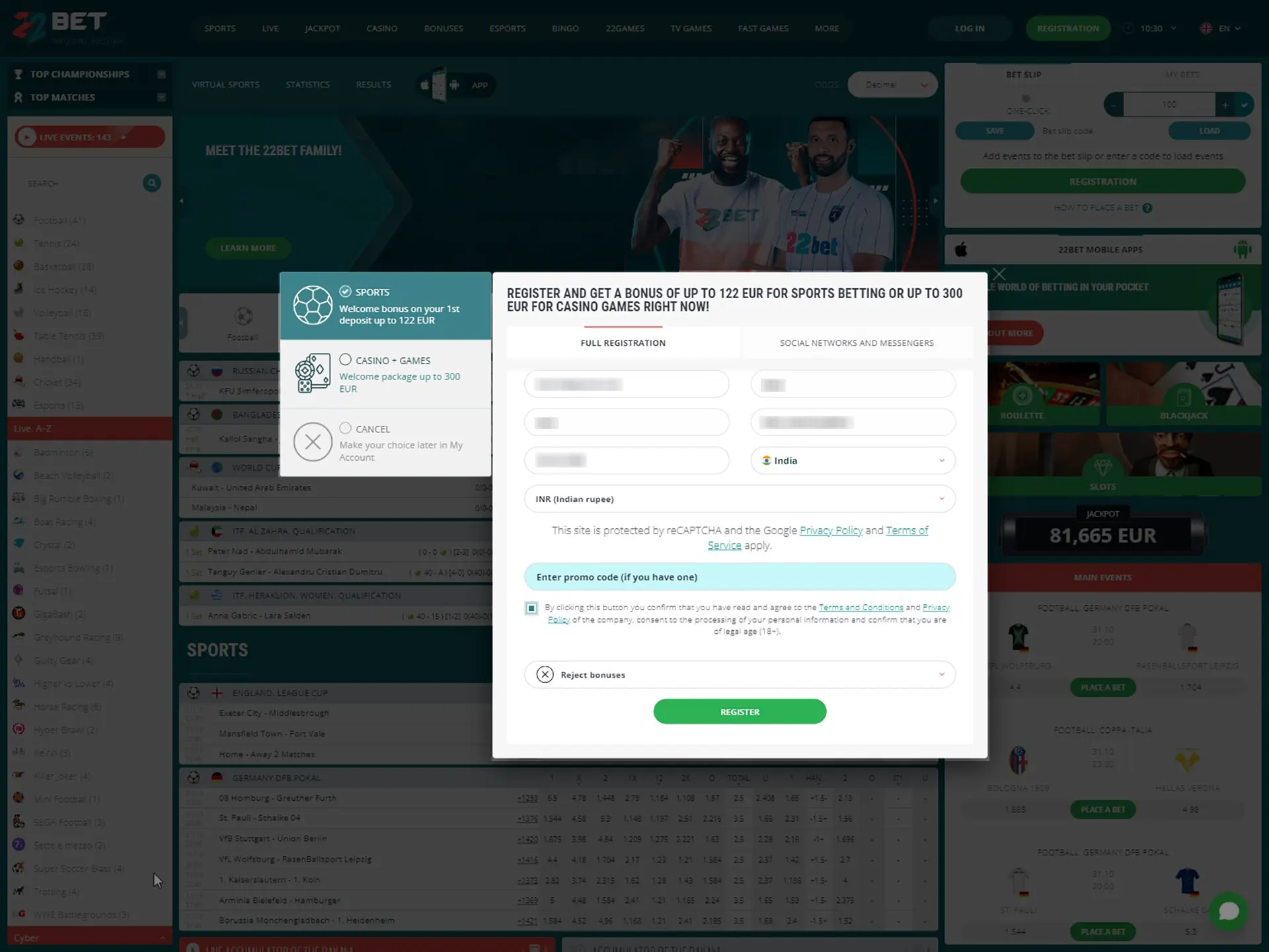 Fill in the registration form on the 22Bet website.