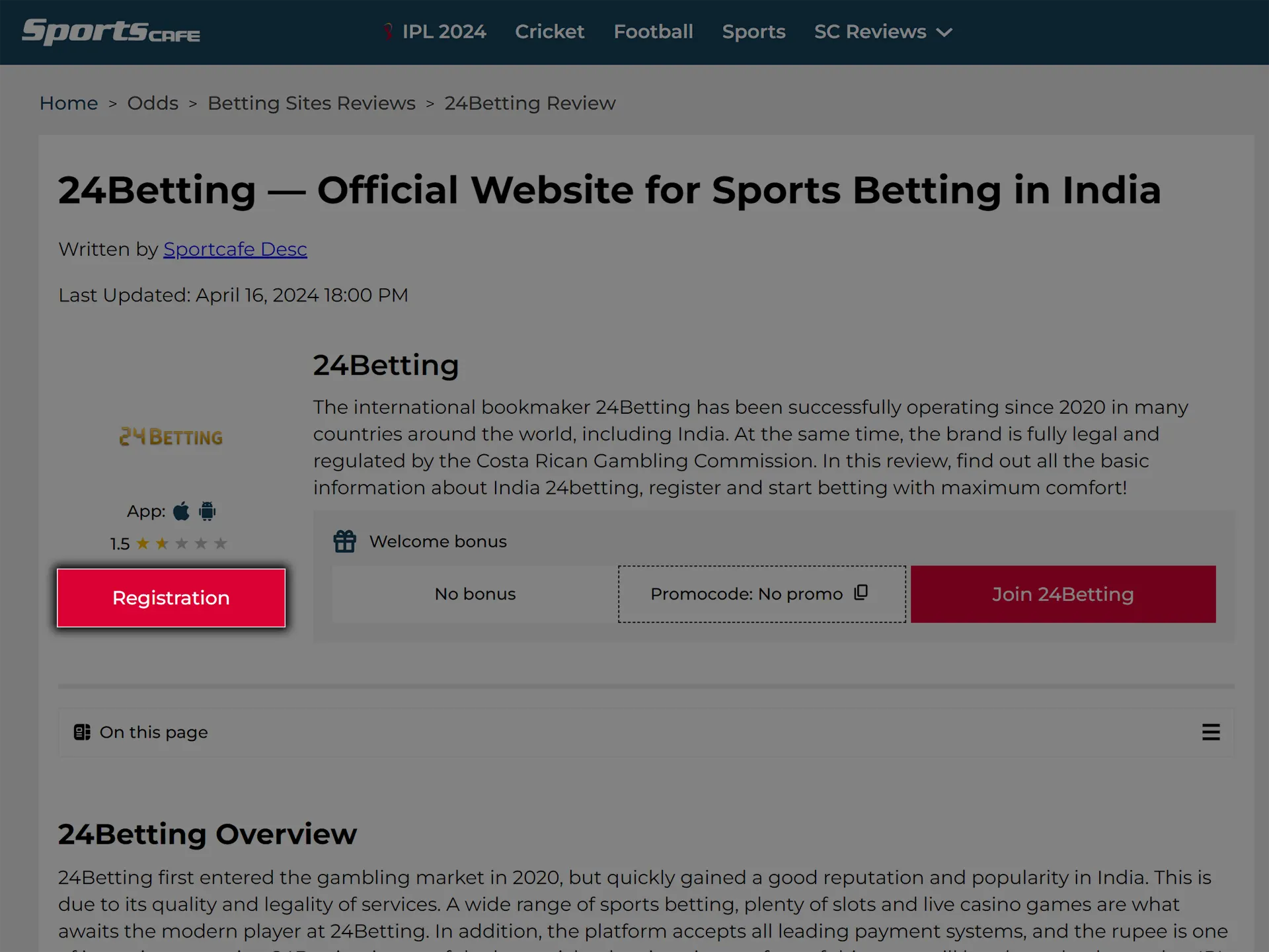Follow the link to open the 24Betting website.
