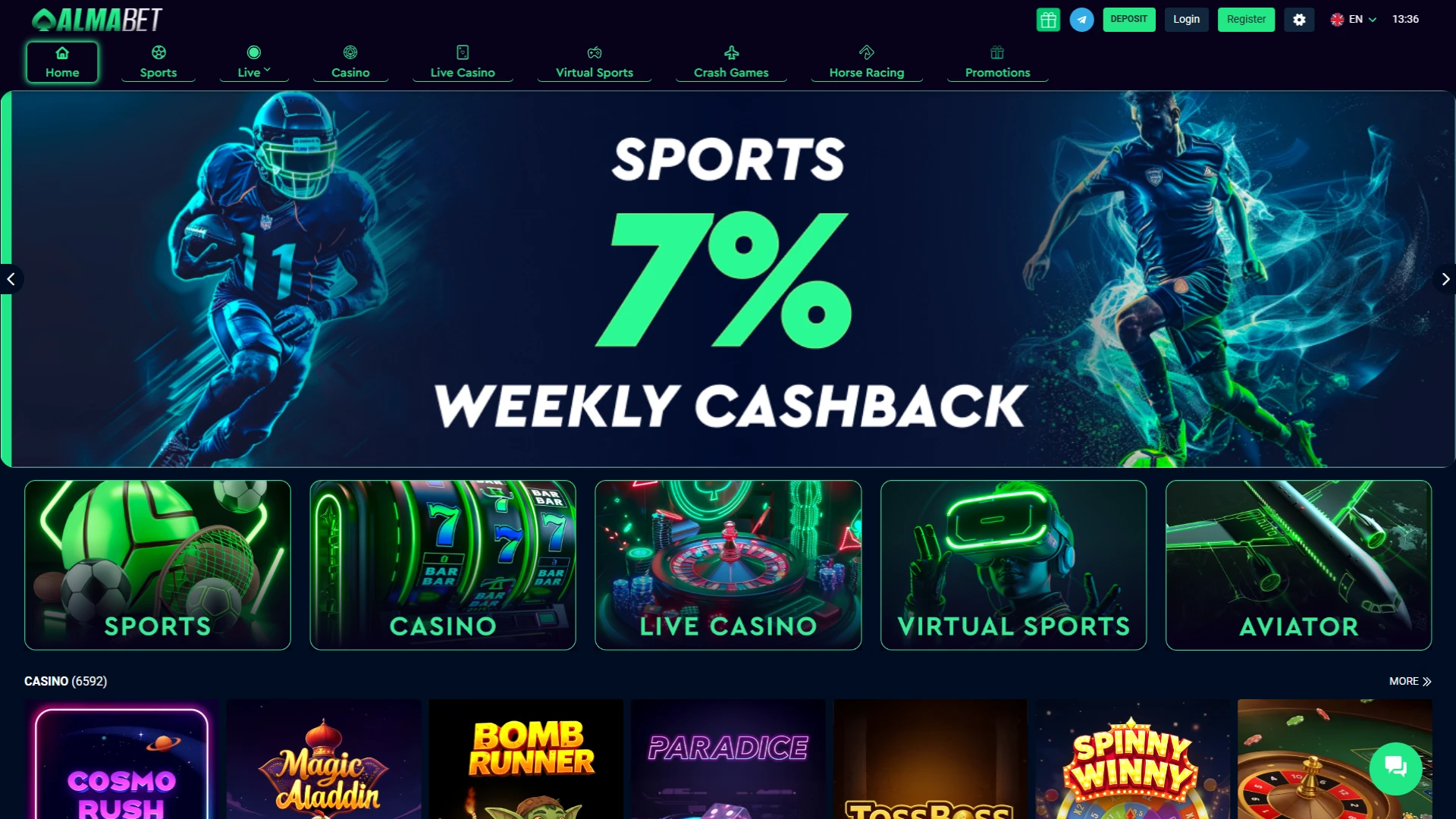 Open the almabet website using any browser on a mobile device or PC.