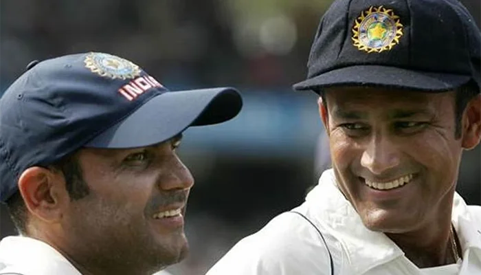 Anil Kumble and Virender Sehwag with each other in a test match.