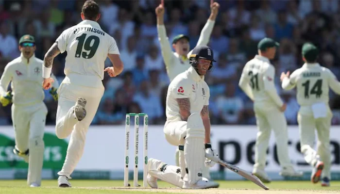 Australian team celebrating after picking the wicket of Ben Stokes in the first innings.