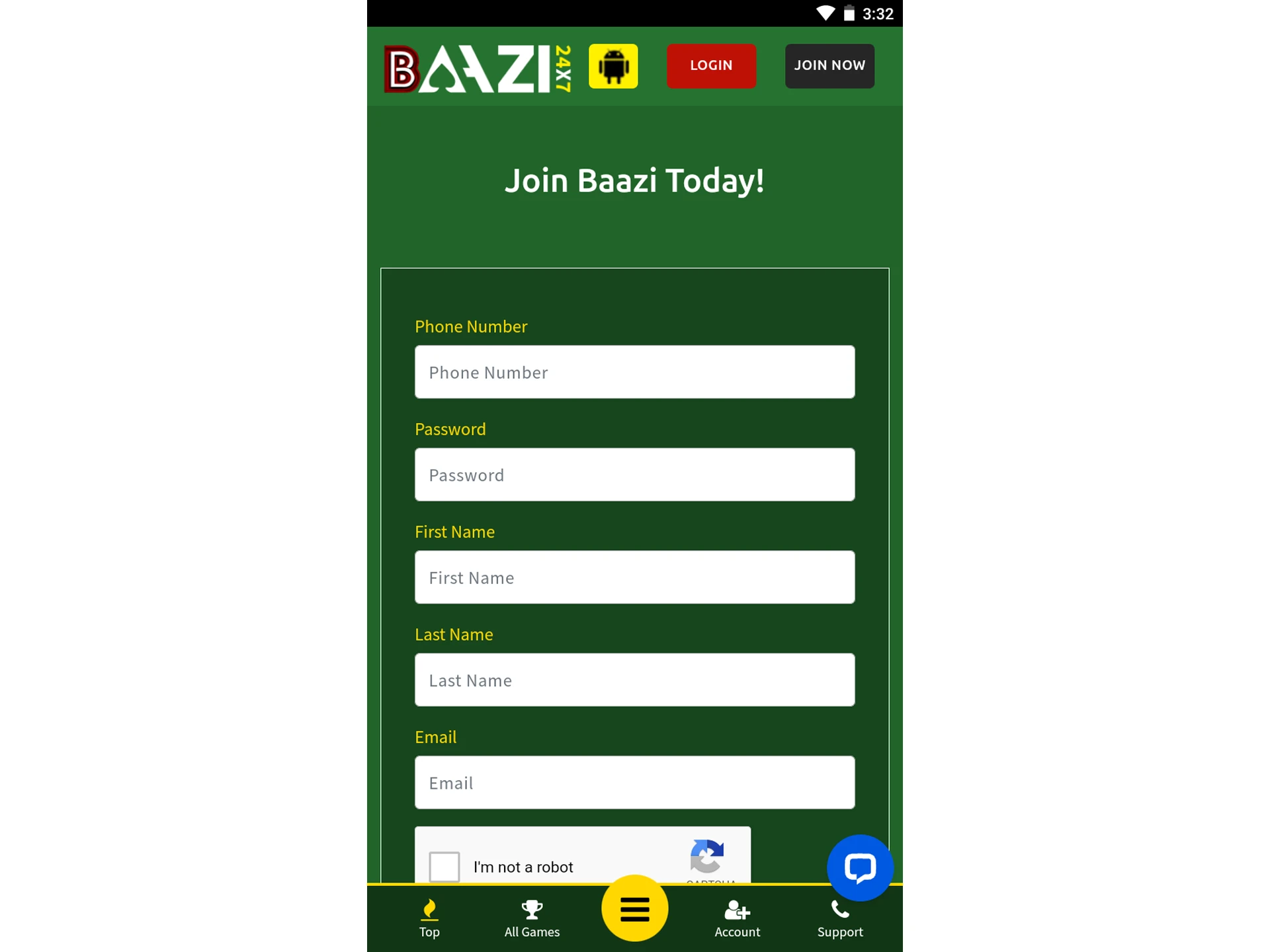 Complete the registration process on the Baazi247 app.