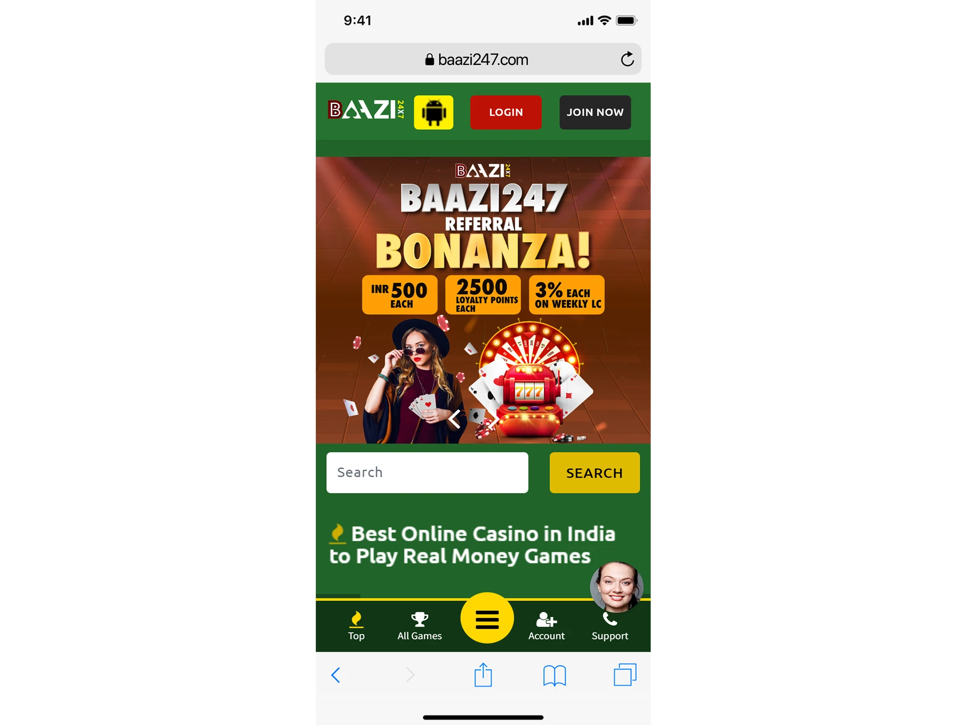 Open the Safari browser on your iOS device and go to the Baazi247 website.