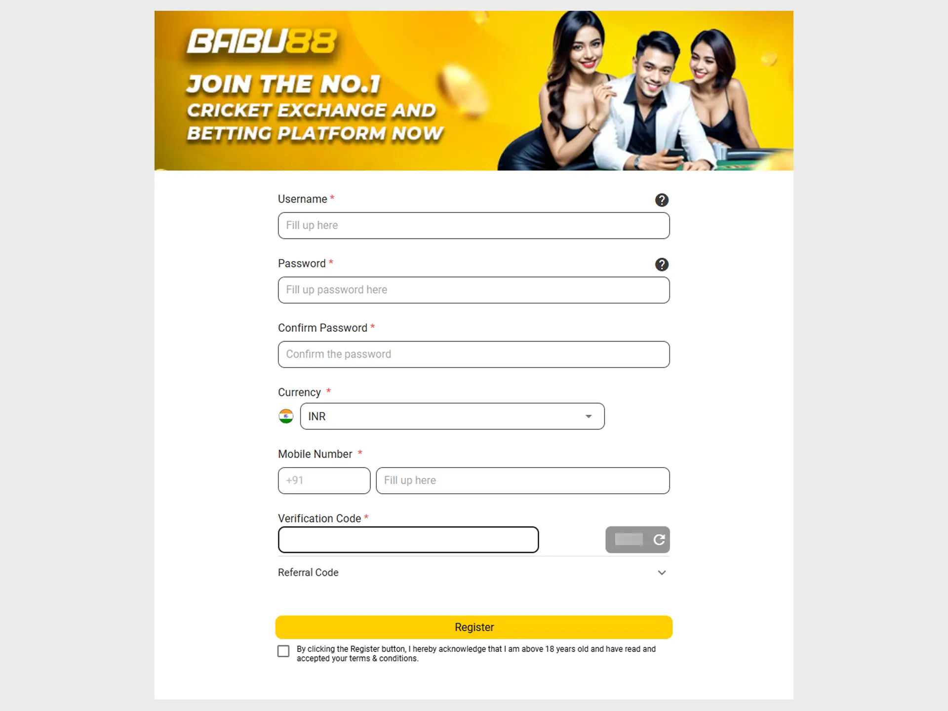 Fill in the required fields to register on Babu88.