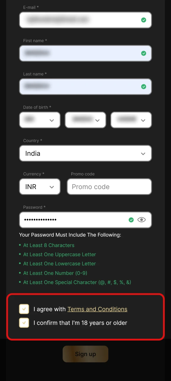 Tick the boxes to accept the terms and confirm the player is 18 or older.