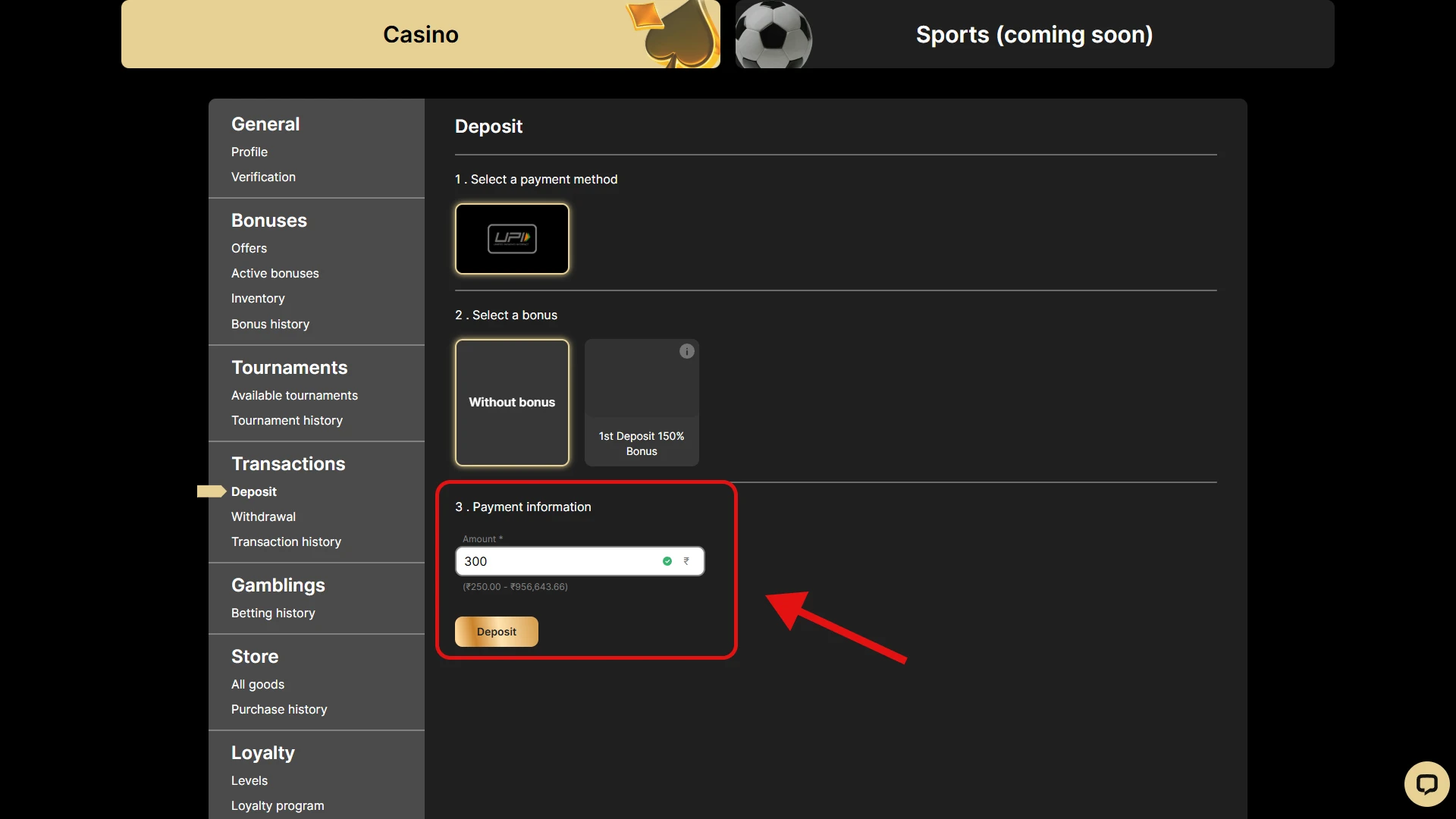 Enter the amount to deposit.