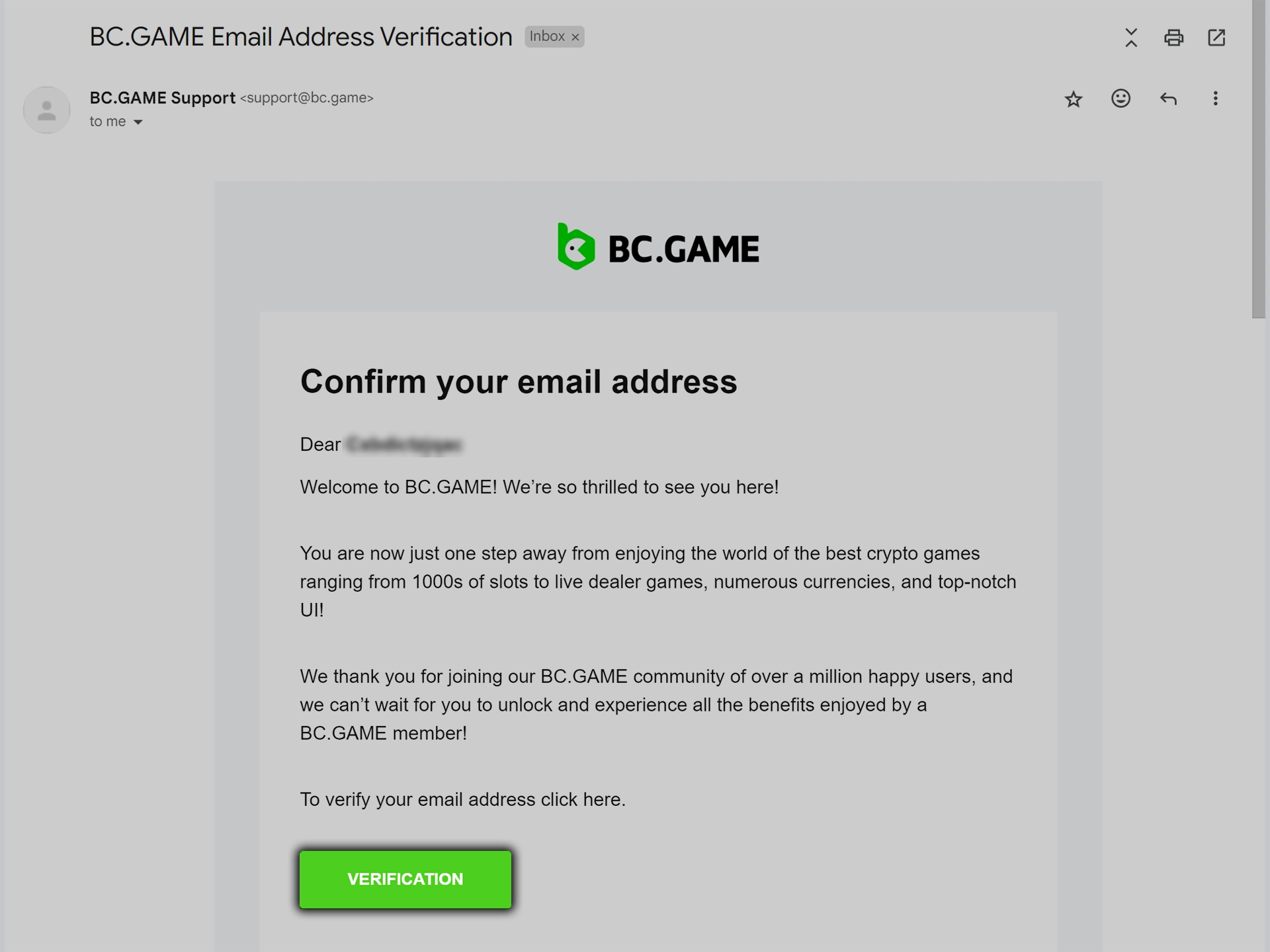 Open the email from BC.game and follow the link to complete the verification.