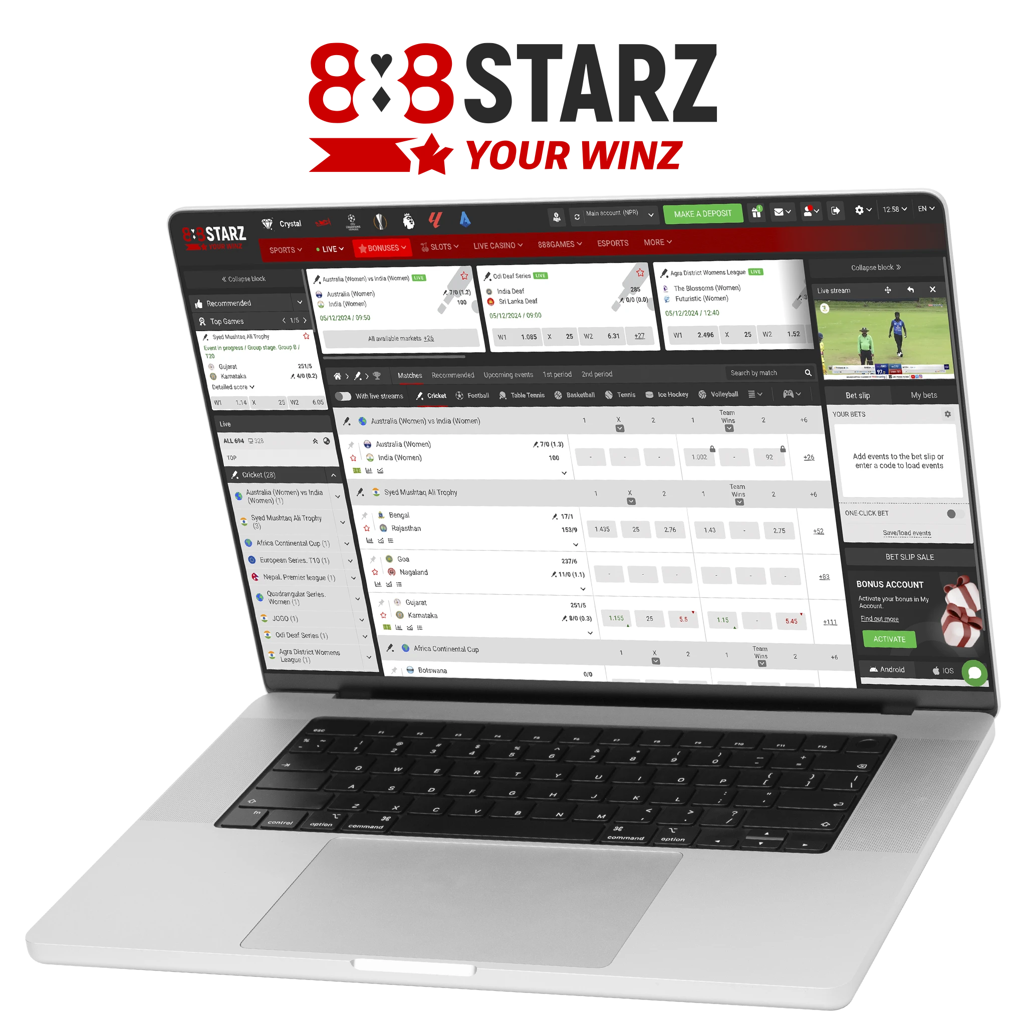 Quick access to the cricket betting line is available on 888starz betting site.