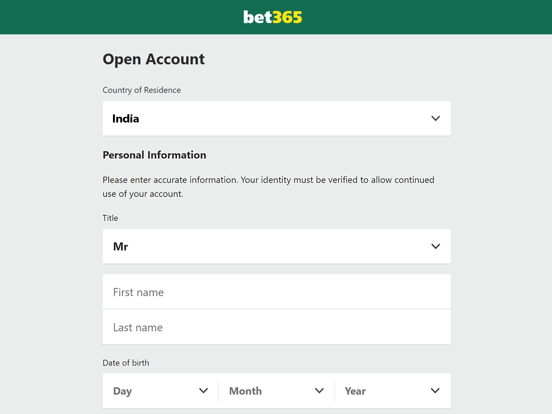 Start entering the details required to register at Bet365.