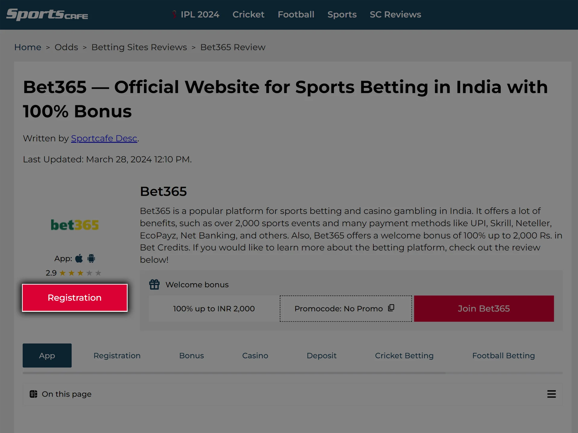 Click on the button in the header of the review to go to the Bet365 website.