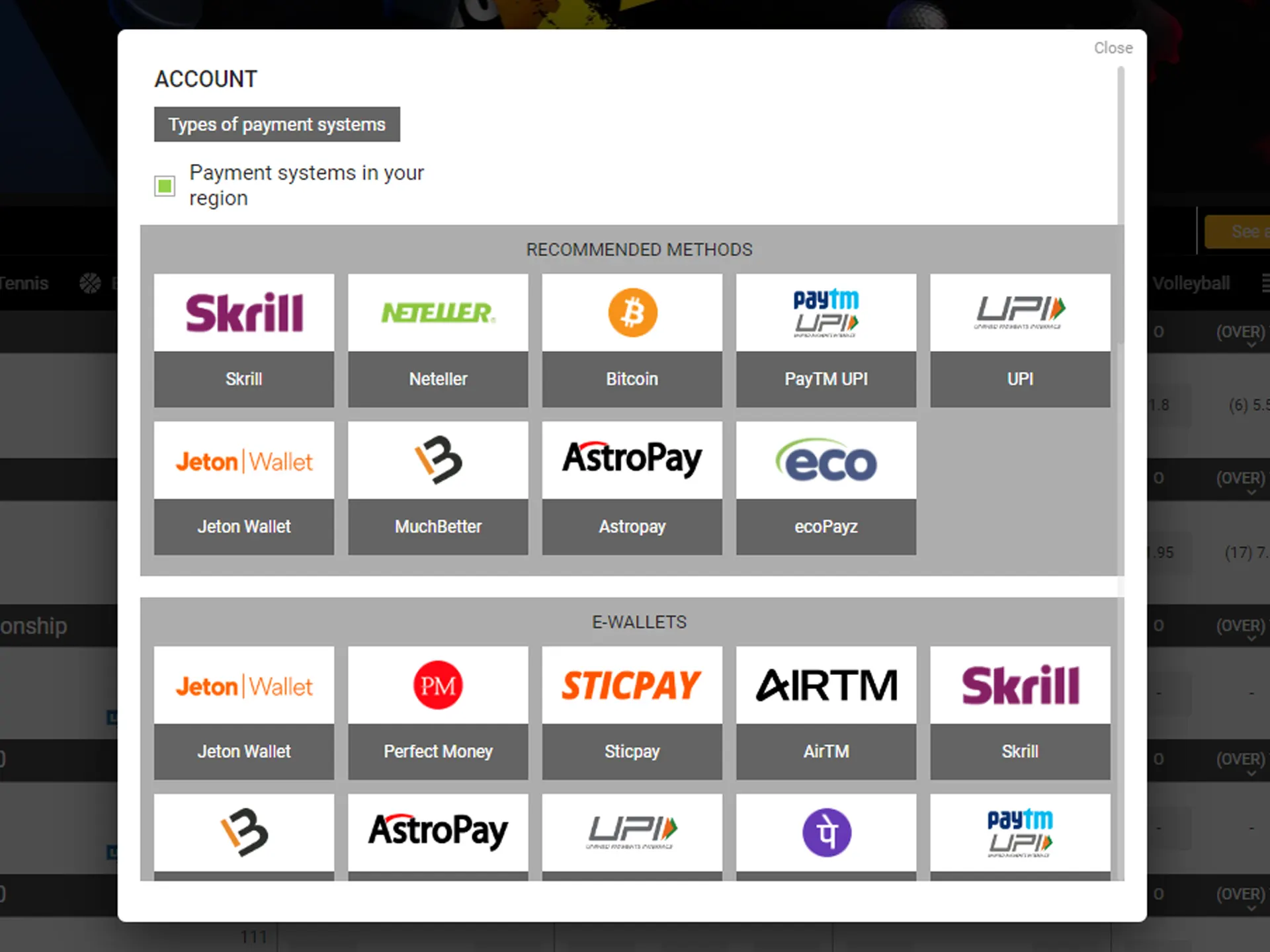 Choose prefered deposit method.