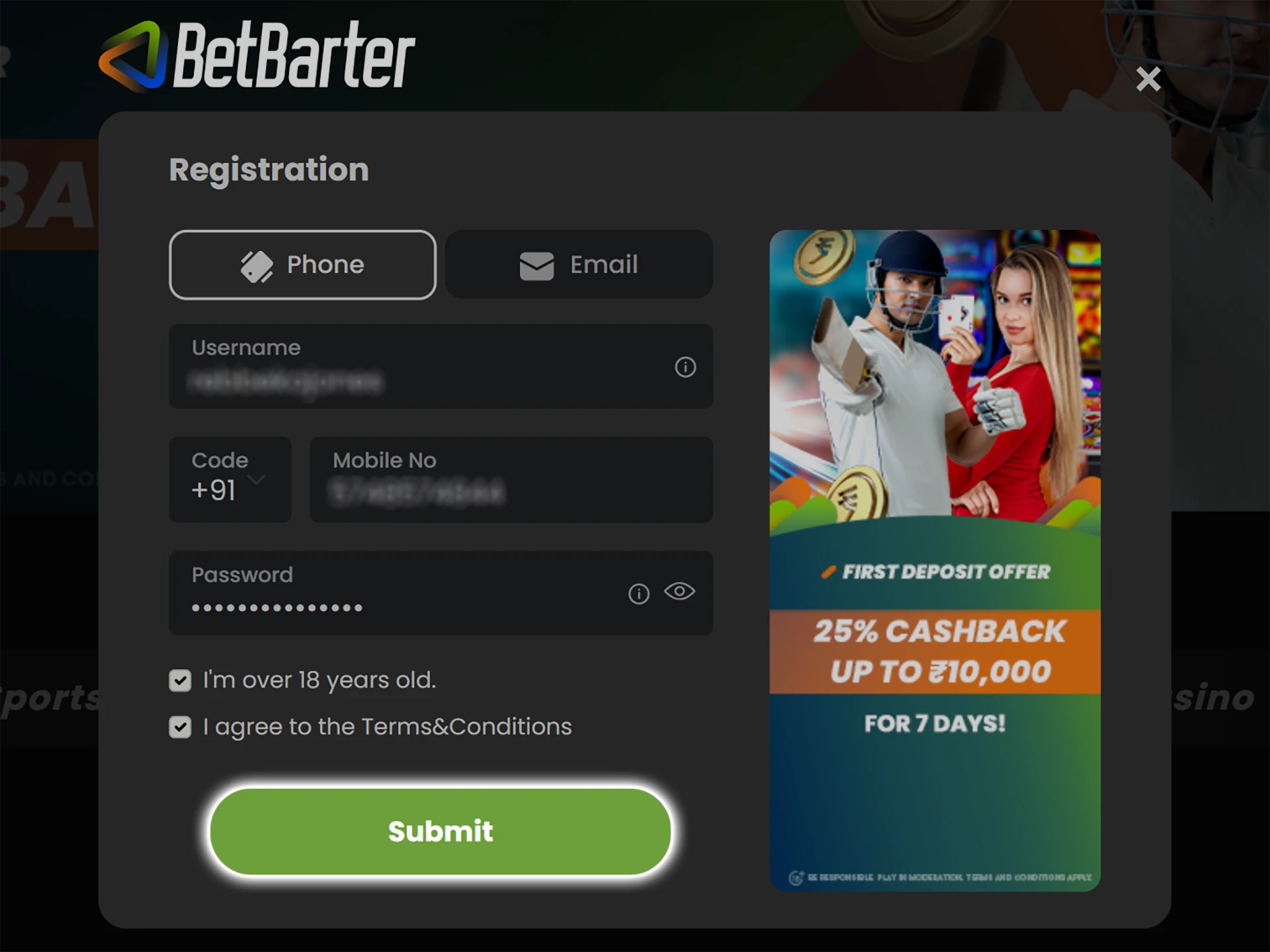 Confirm the creation of your Betbarter account.