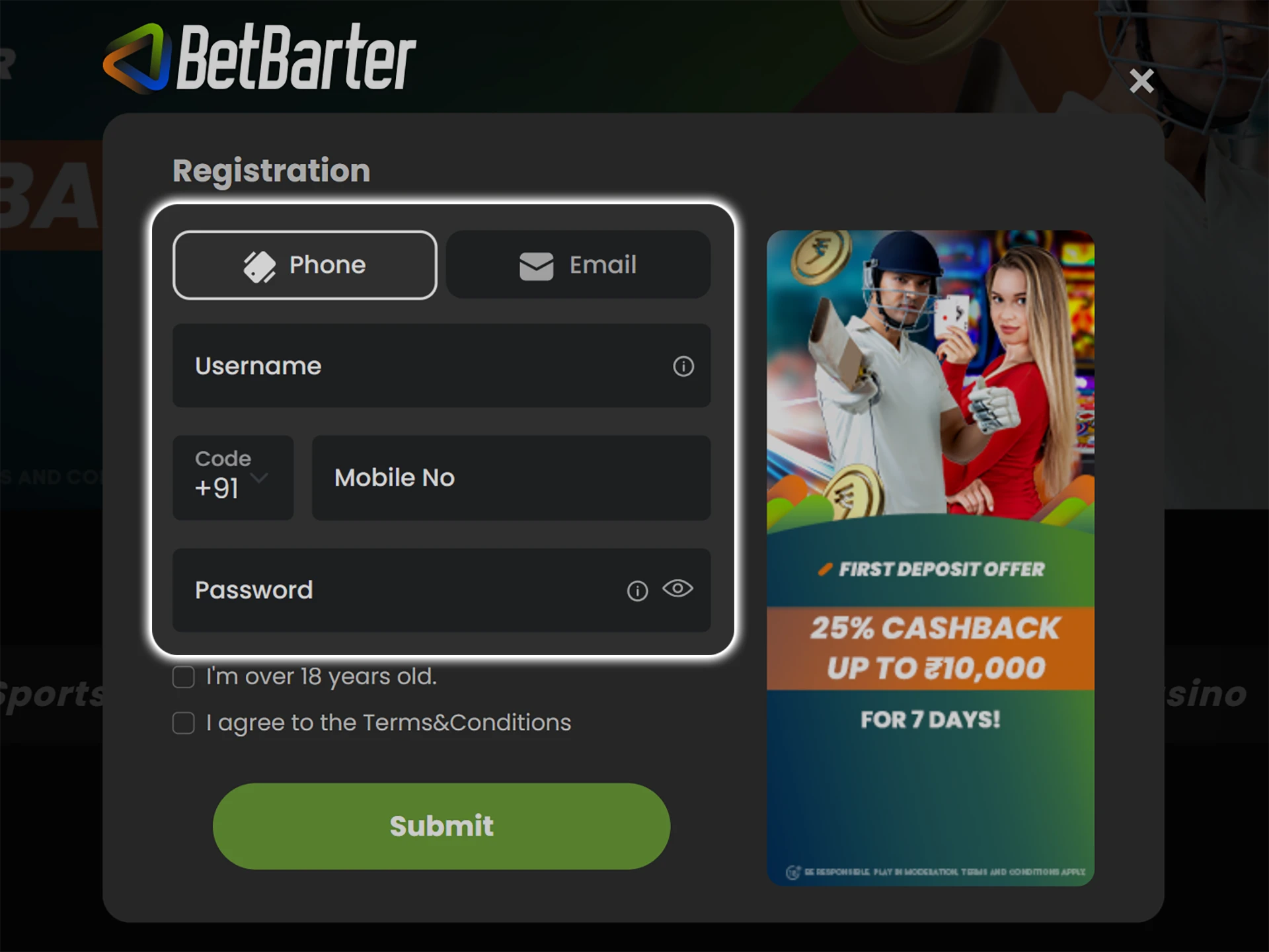 Choose a registration method and fill out the Betbarter form.