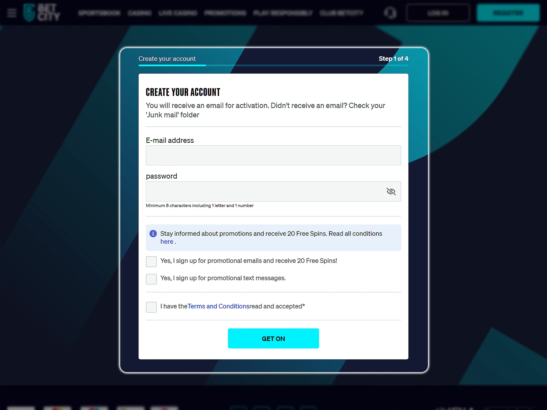 Create an account at Betcity using your computer or smartphone.