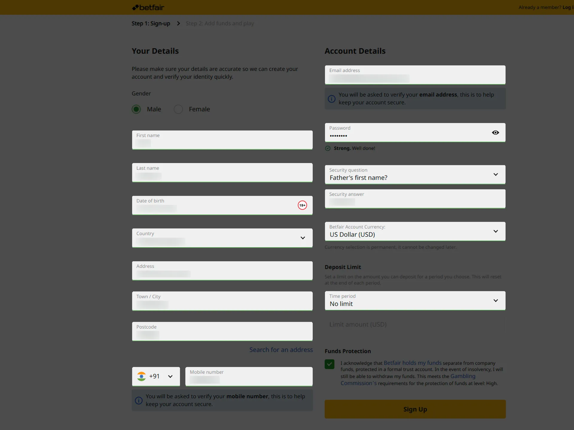 Fill in the required details to register with Betfair.