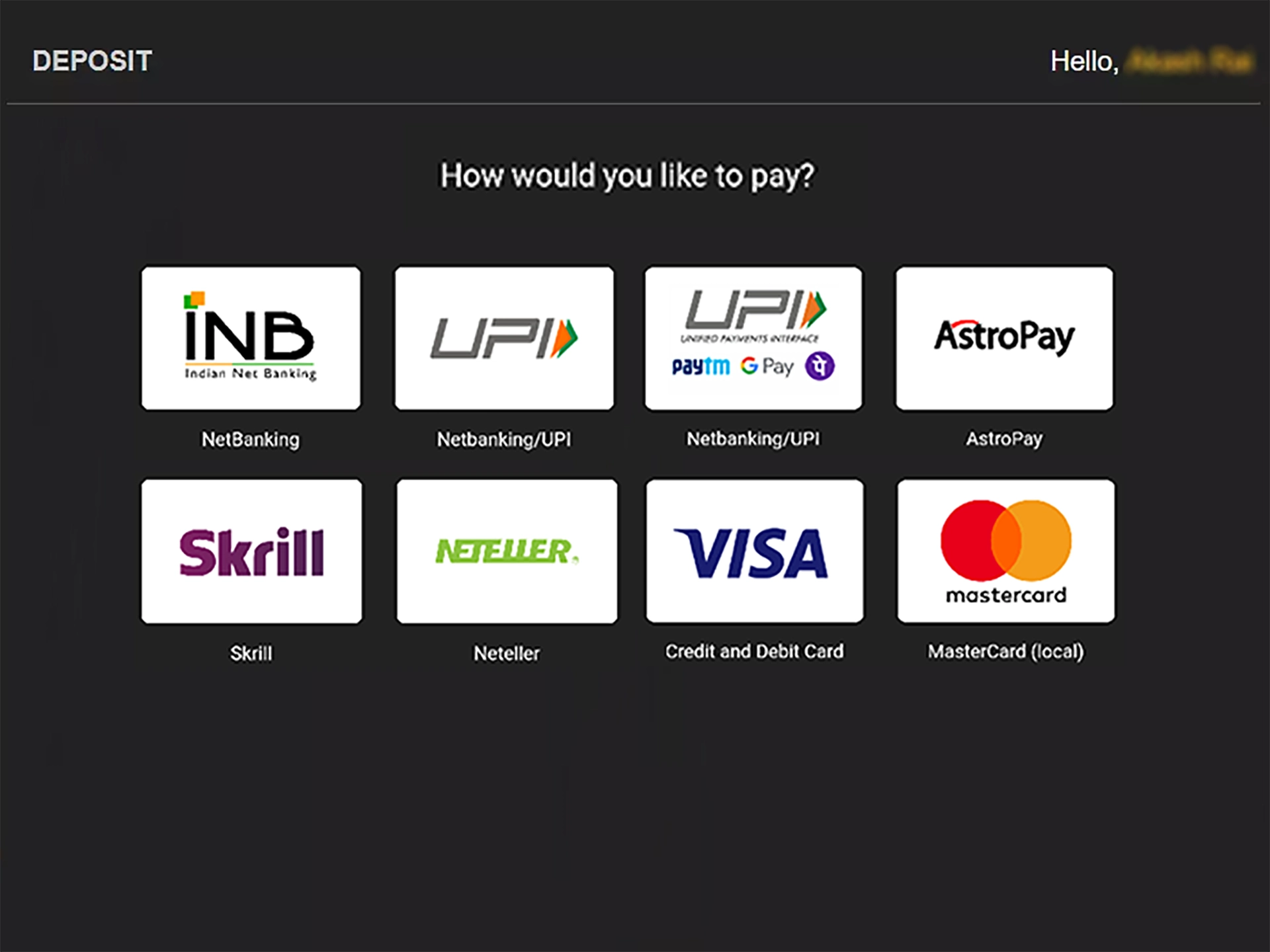 Choose one of the payment methods available at Betindi.