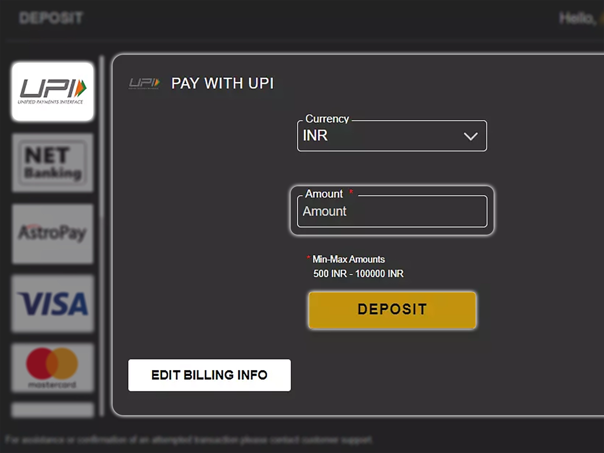 Specify the amount you want to deposit and confirm the transaction at Betindi.