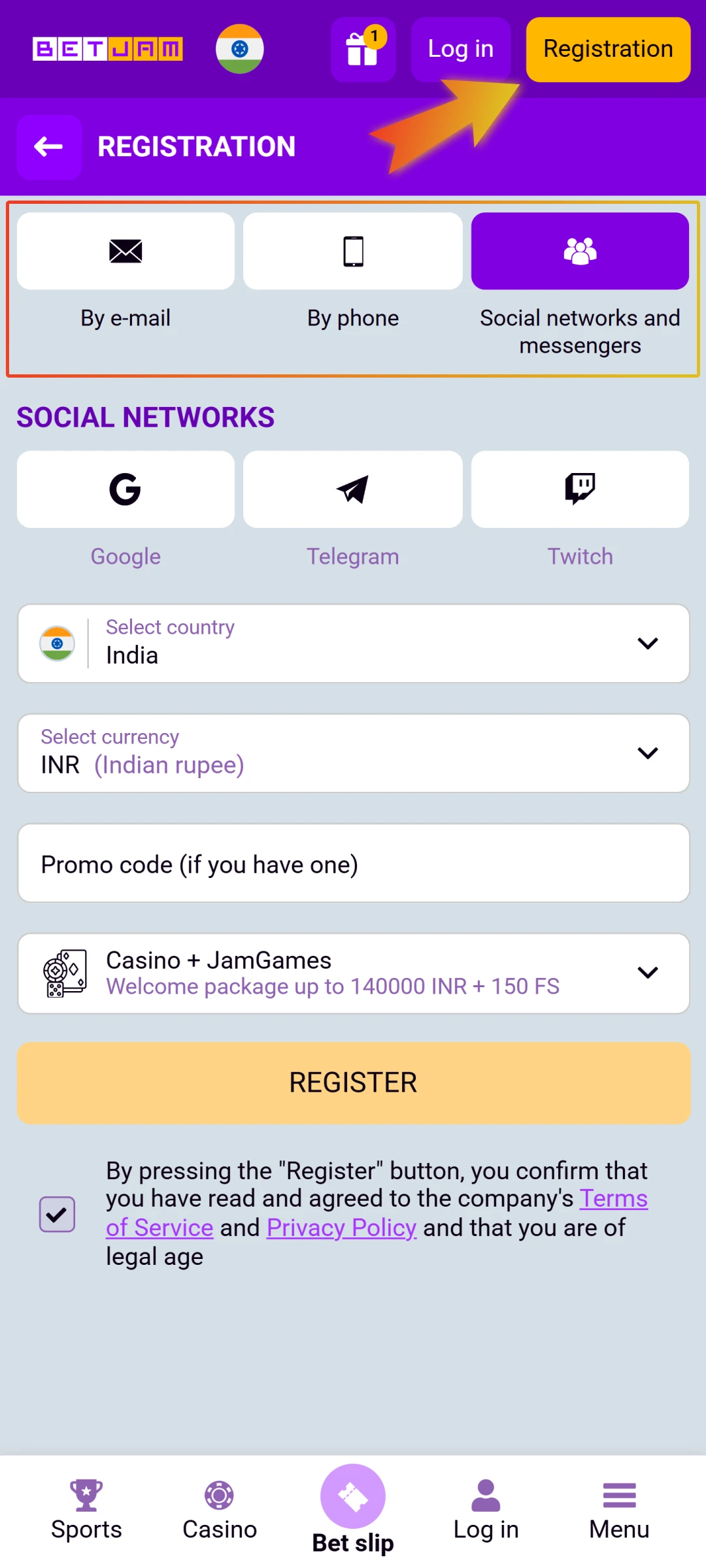 Clients visit the Betjam website and complete the registration form with personal details.
