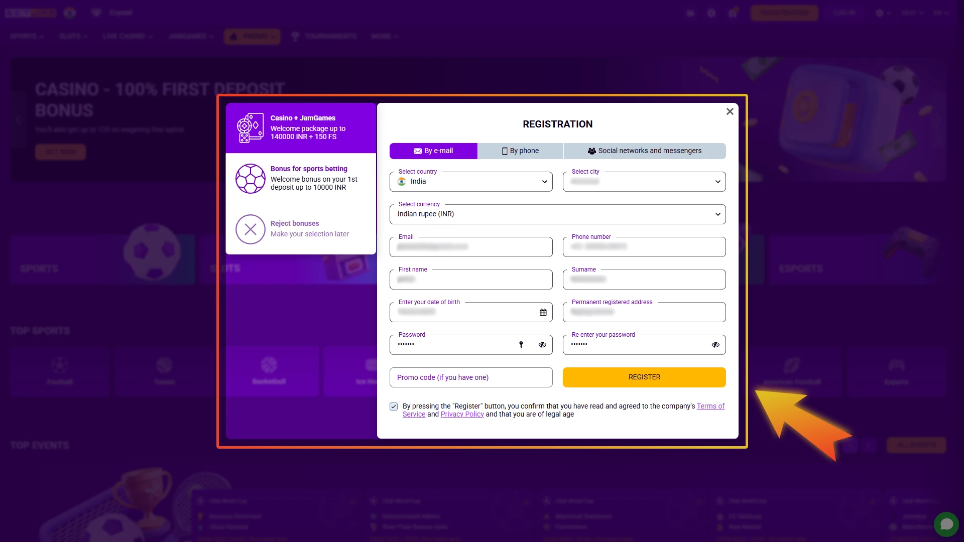 Registration windows on Betjam official website.