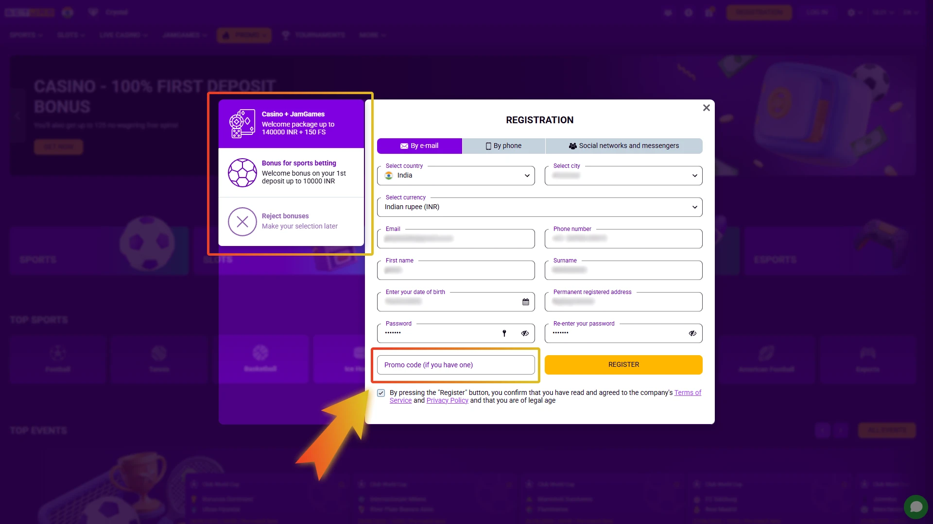 During registration on Betjam, carefully check the form for the Promo code section.