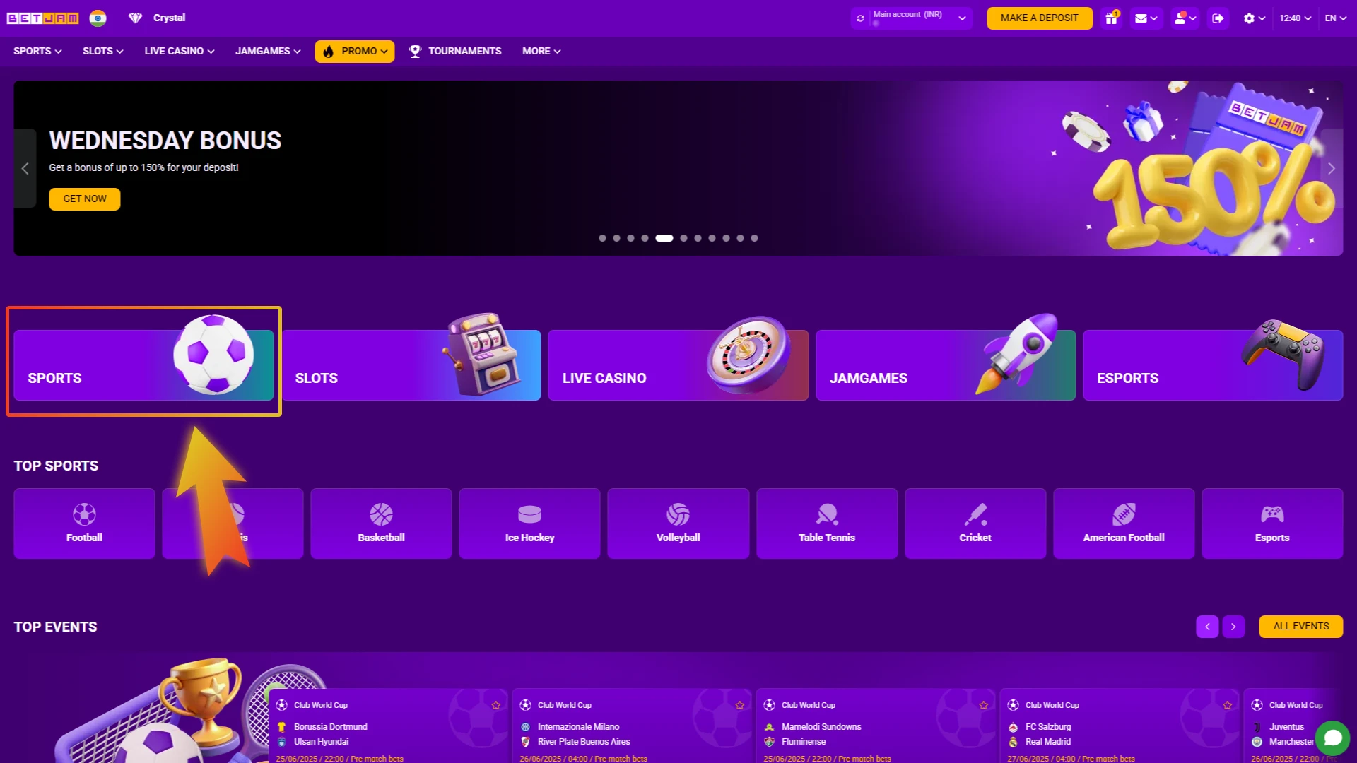 Click on the sports or live betting area on Betjam sports book.