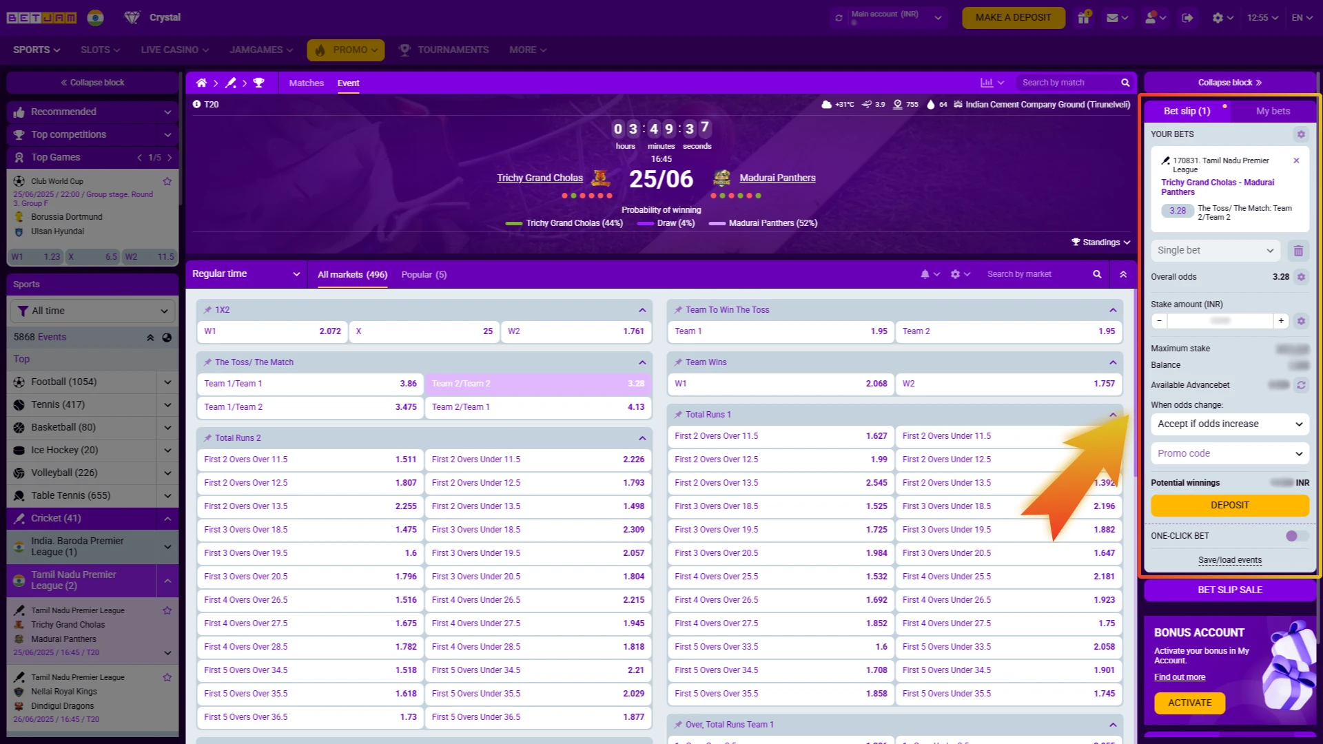 Explore the betting options and place your bet and Enjoy betting with Betjam!