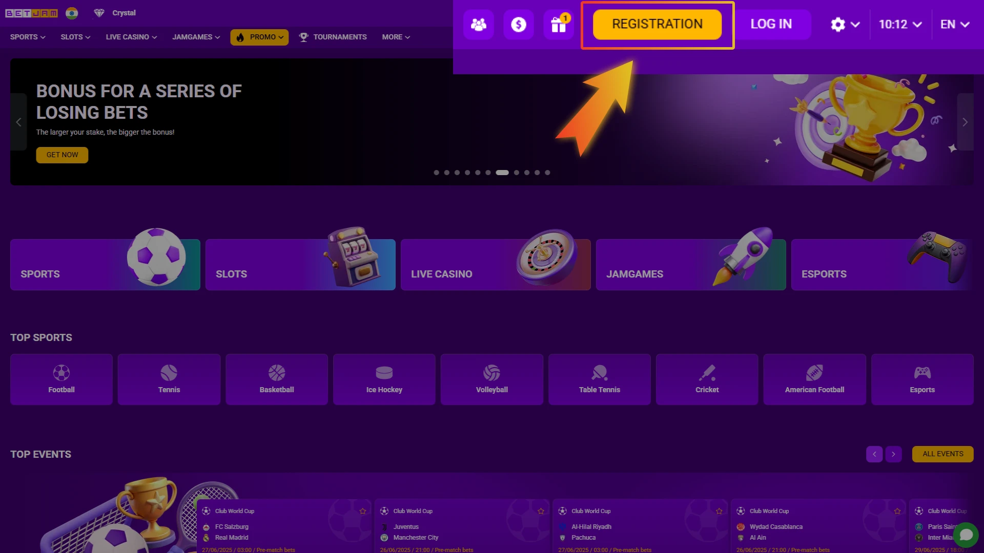 Start by opening the Betjam website and clicking the "Registration" button.