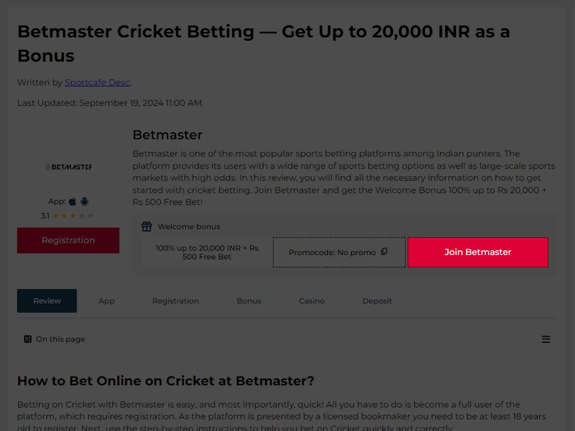 Go through the registration process at Betmaster.