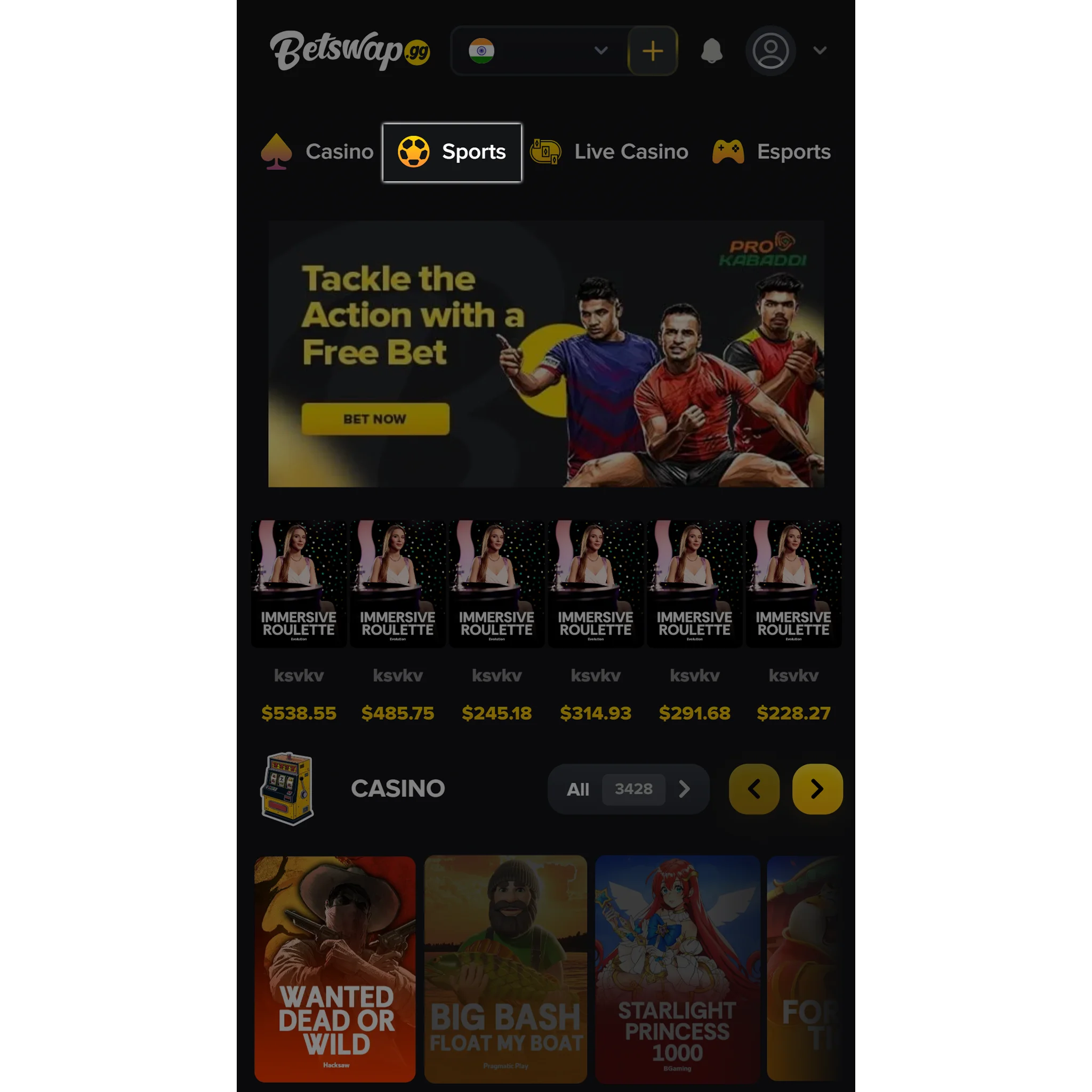 Tap the “Sports” tab to view available sports.