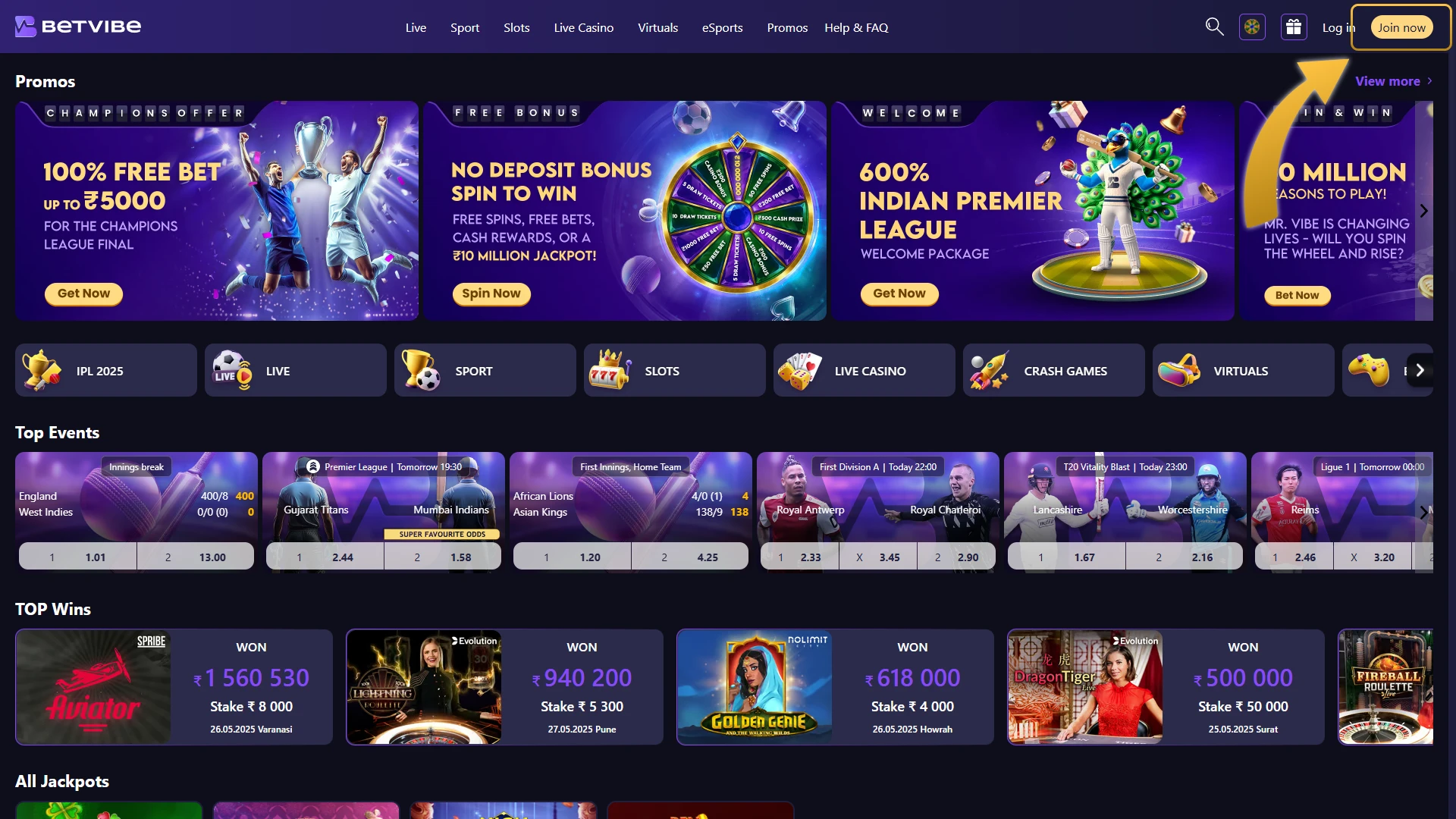 Visit the Official BetVibe Website and Click “Join now”.