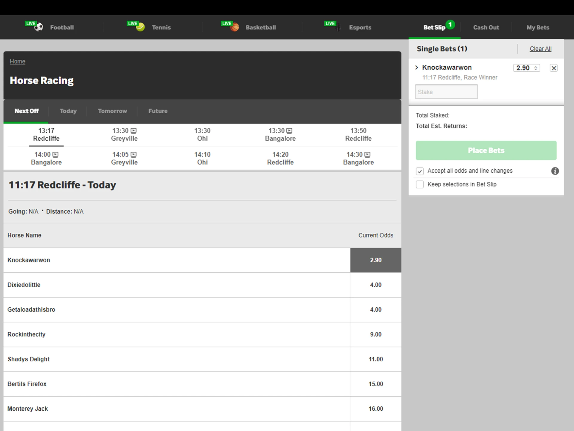 Select an available betting market at Betway.