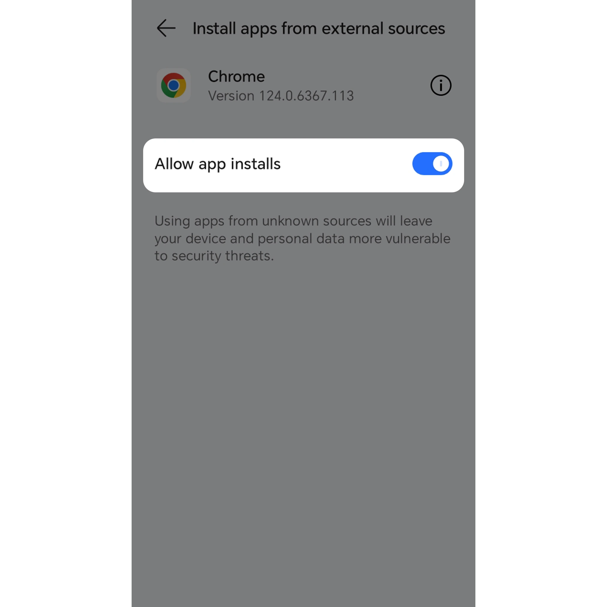 Open your phone's settings. Allow installation from unknown sources.