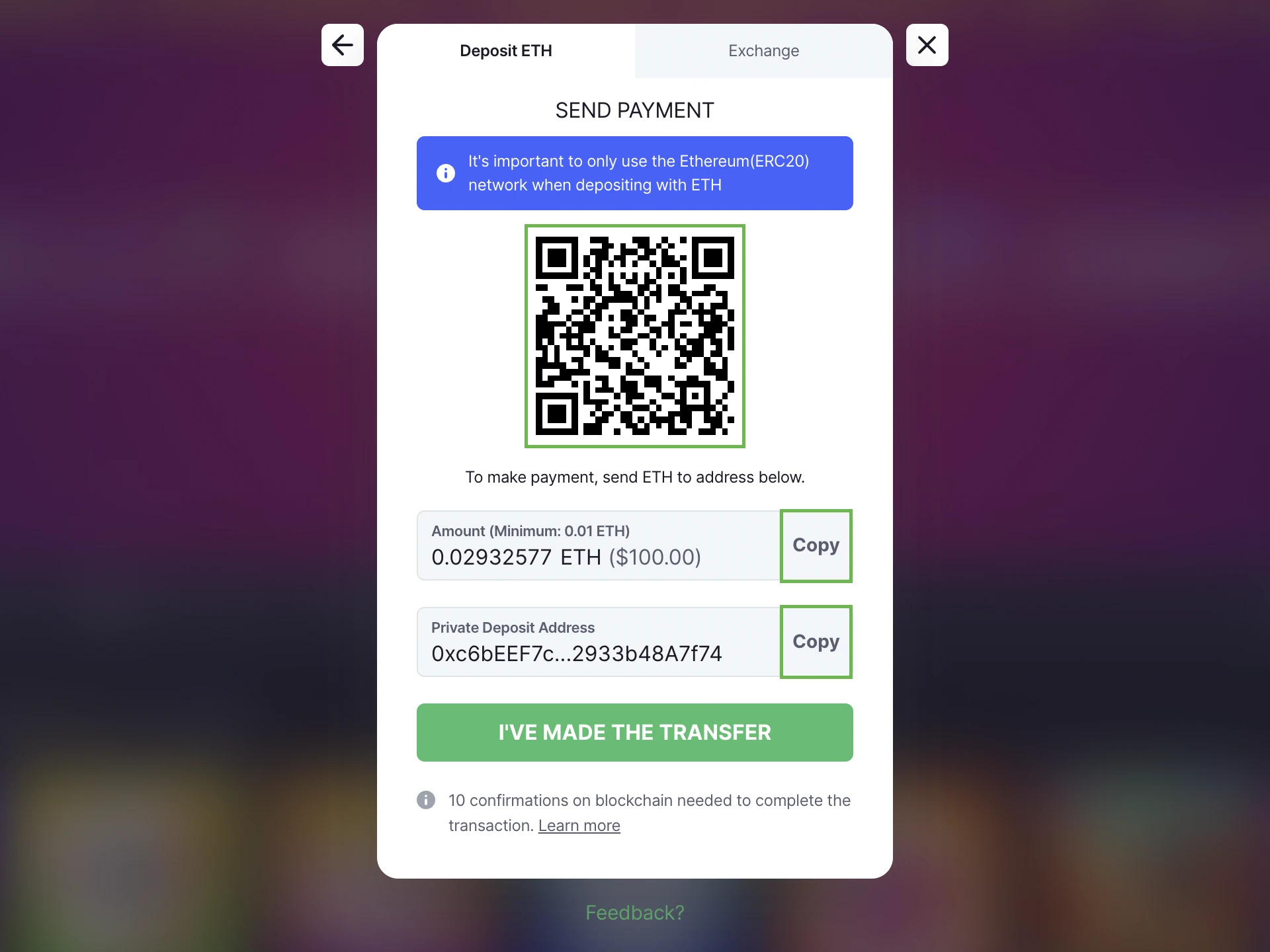 Copy the wallet address or scan the QR code.