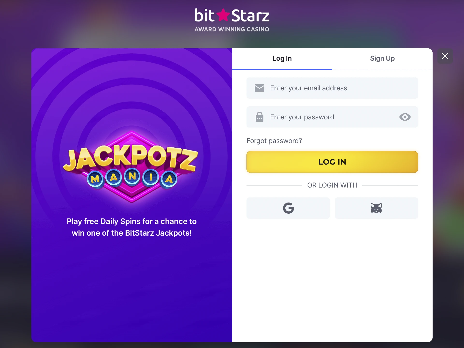 Log in to your BitStarz Casino account.