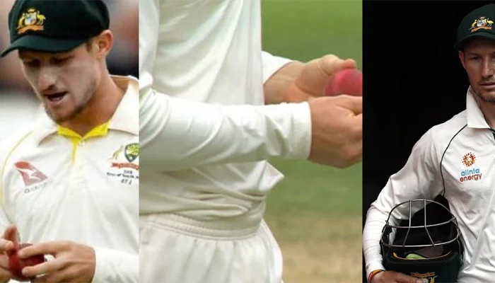 Cameron Bancroft using Sandpaper on the ball during a Test match between Australia and South Africa.