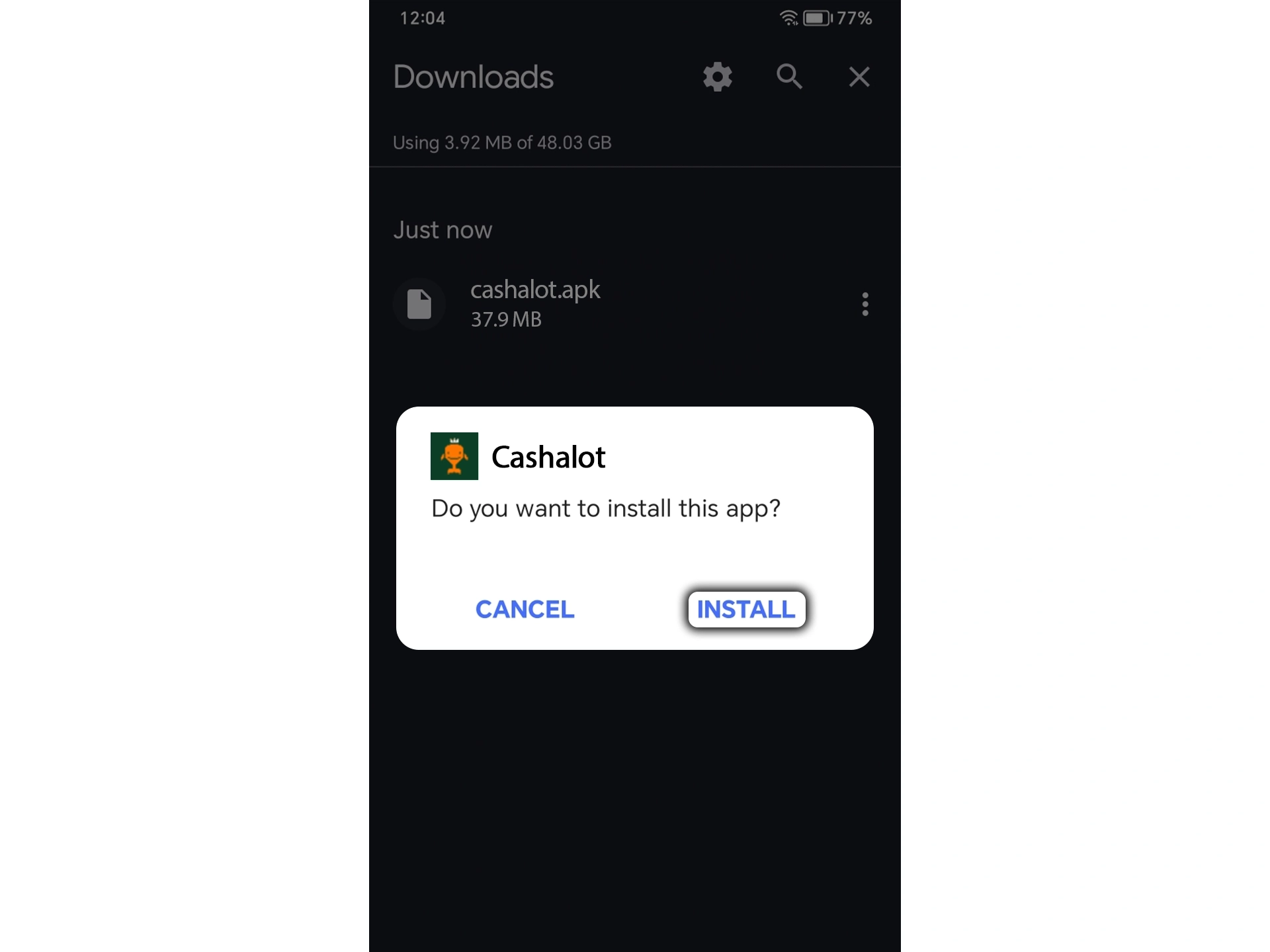 Confirm installation of the Cashalot.bet mobile app.