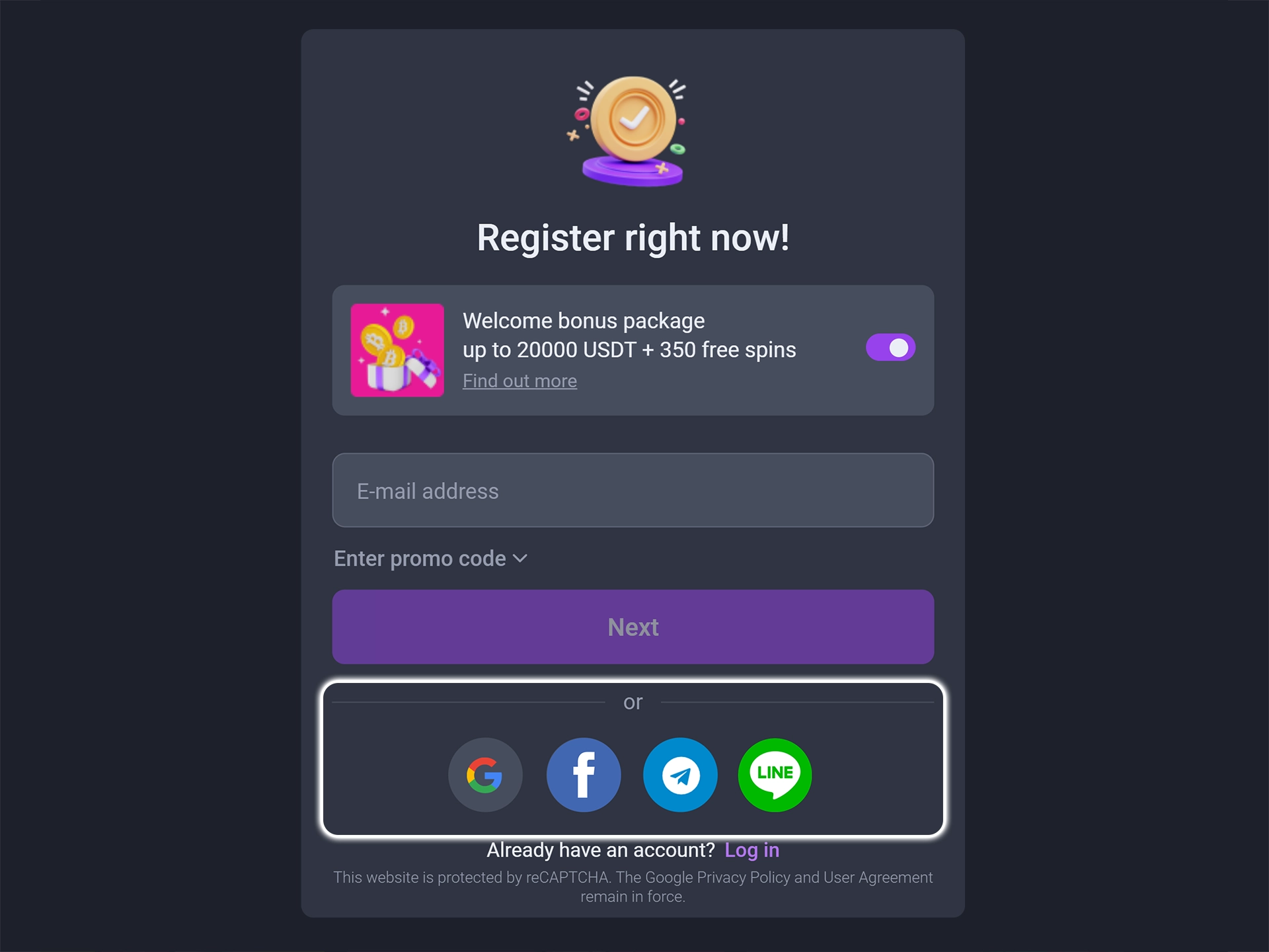 Choose a social network to register at Coinplay.