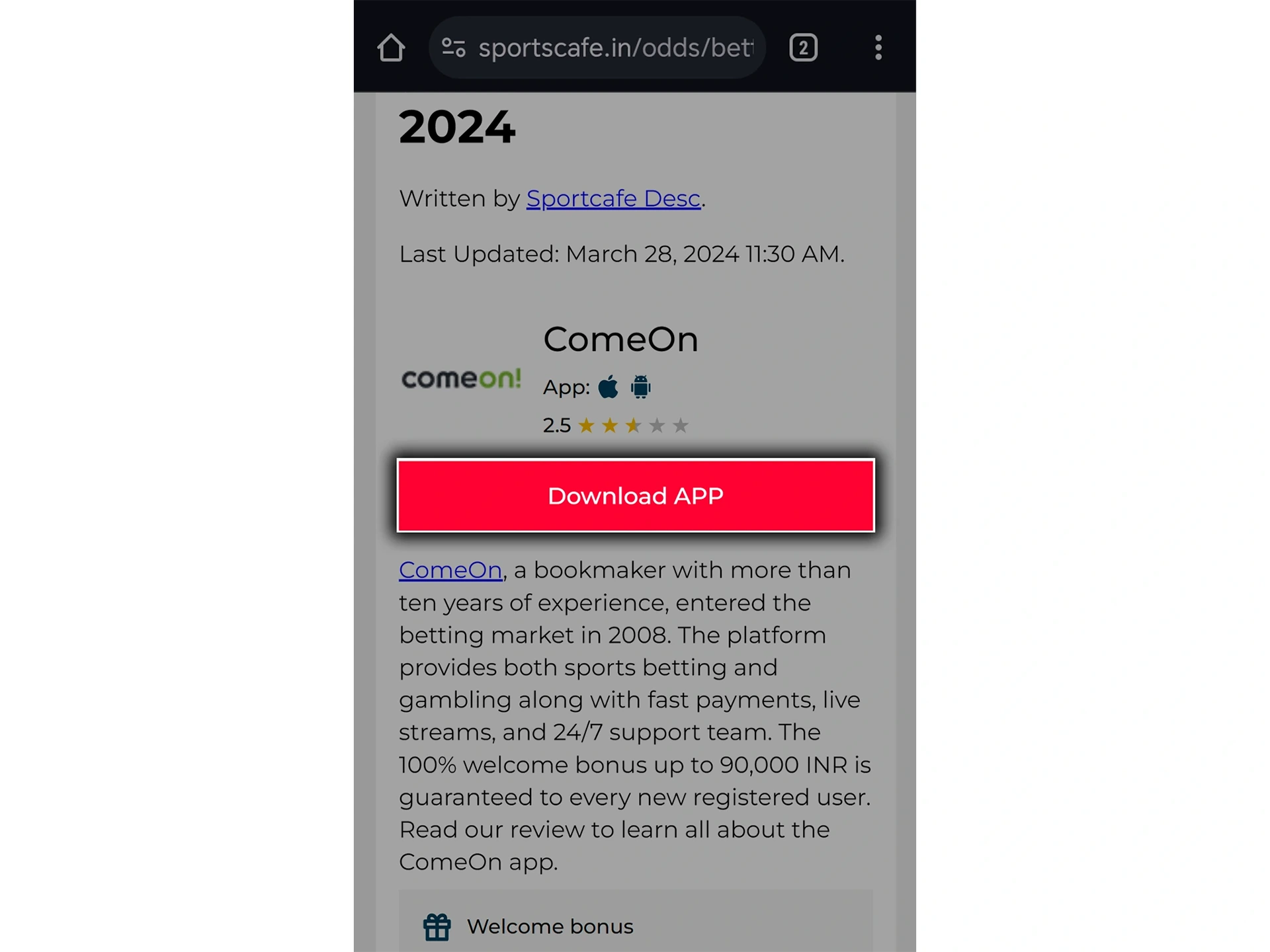 Use the link to download the ComeOn application installation file.