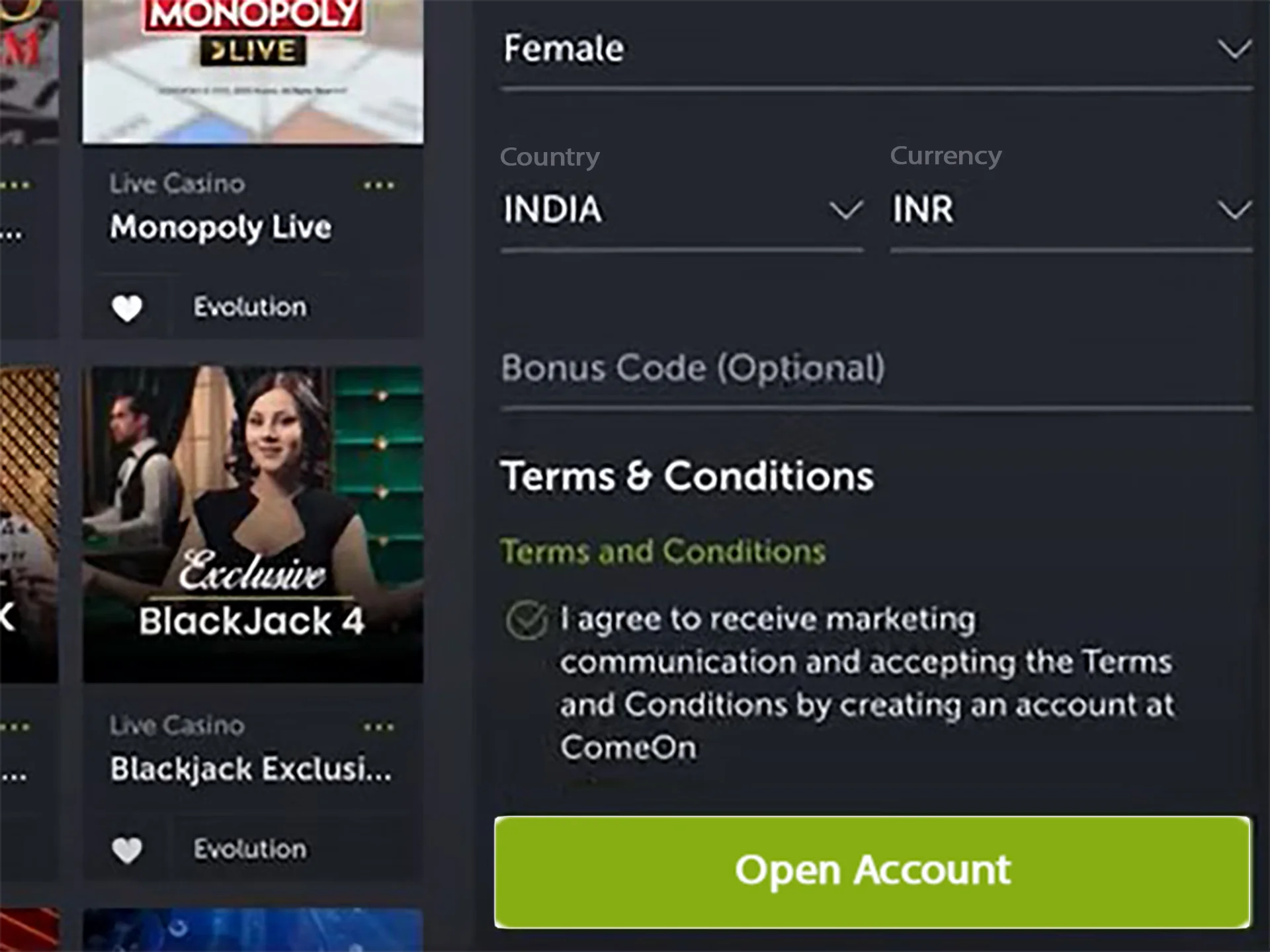 Complete the process of creating your ComeOn account.