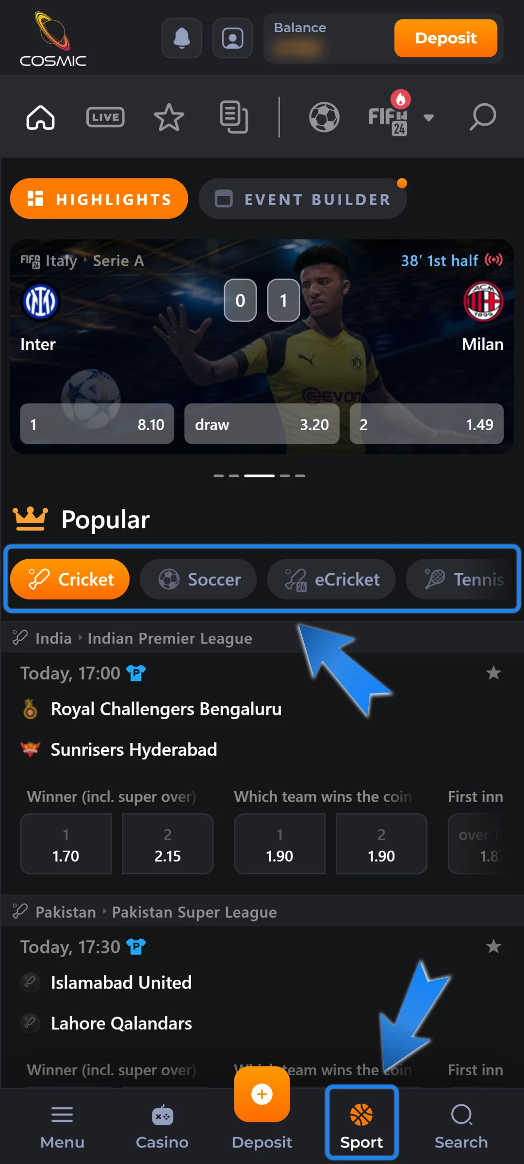 Choose Sport from the list to see matches.