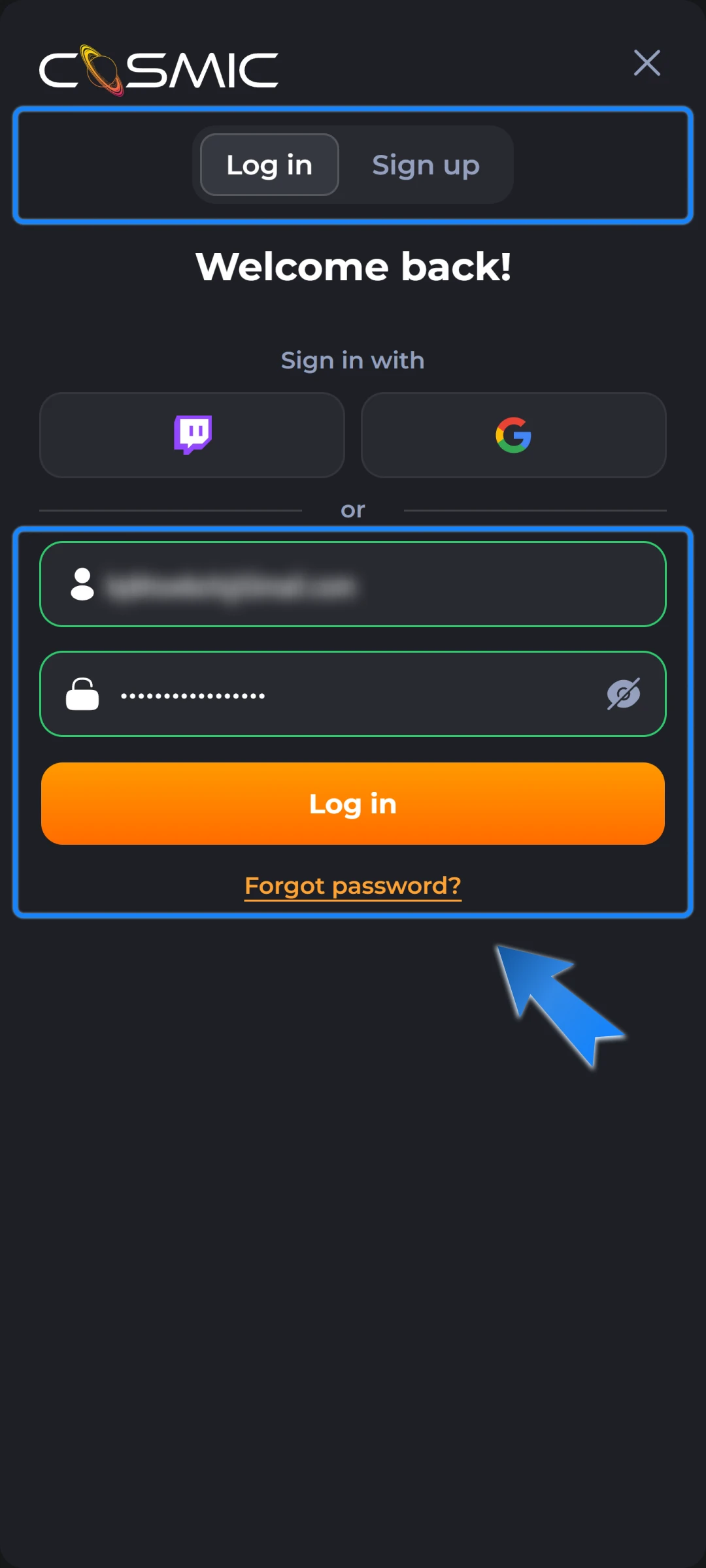 Enter the account or create a new one.