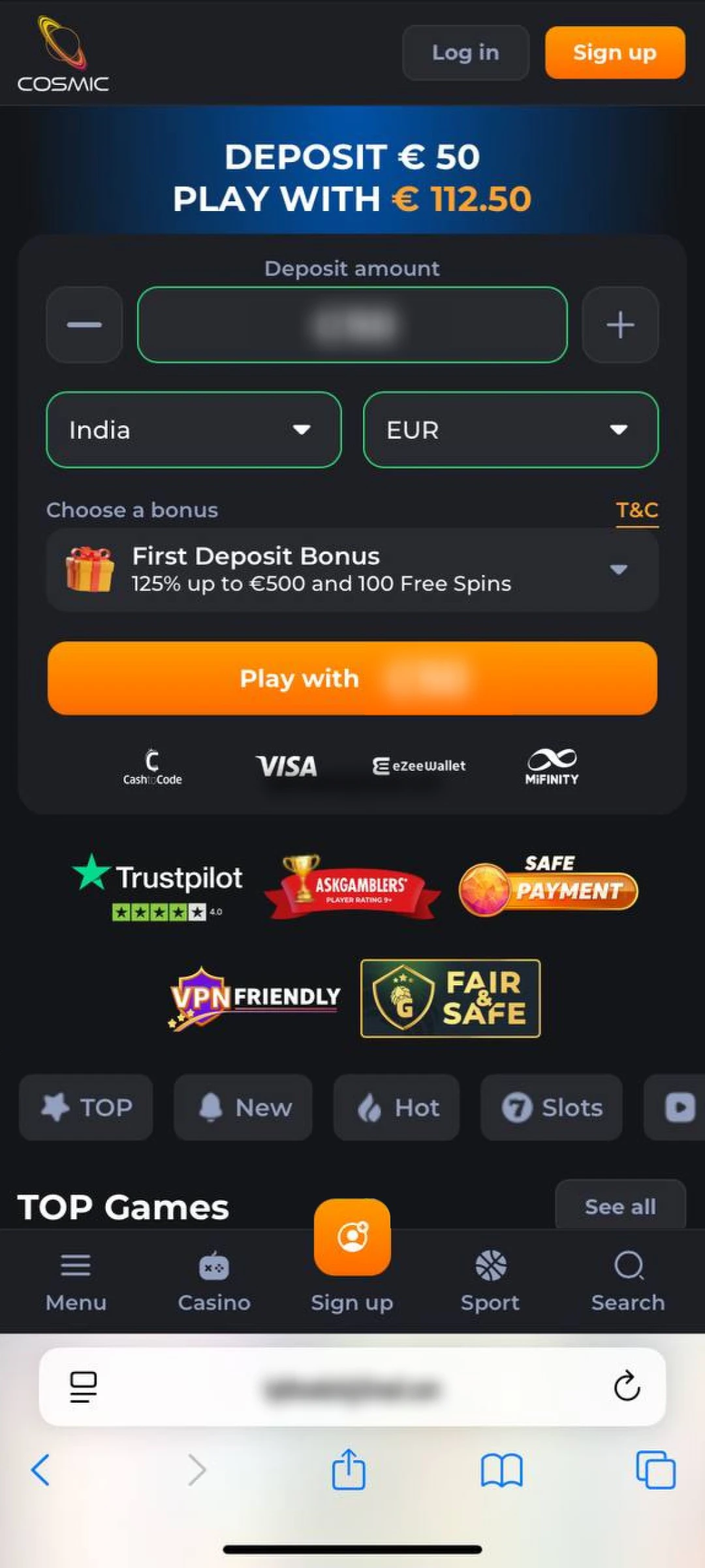 Open Safari and visit the Cosmicslot website.