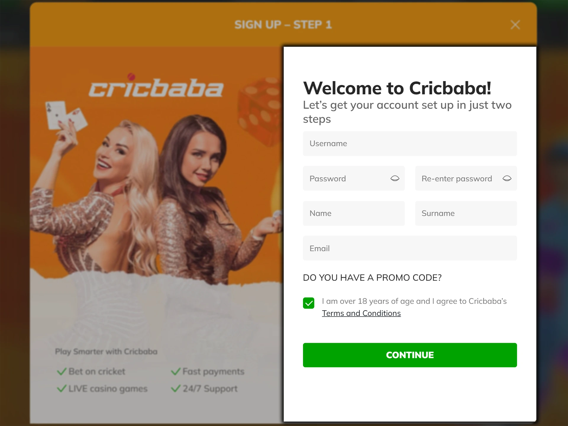 Go to the Cricbaba website, open the registration form and create an account.