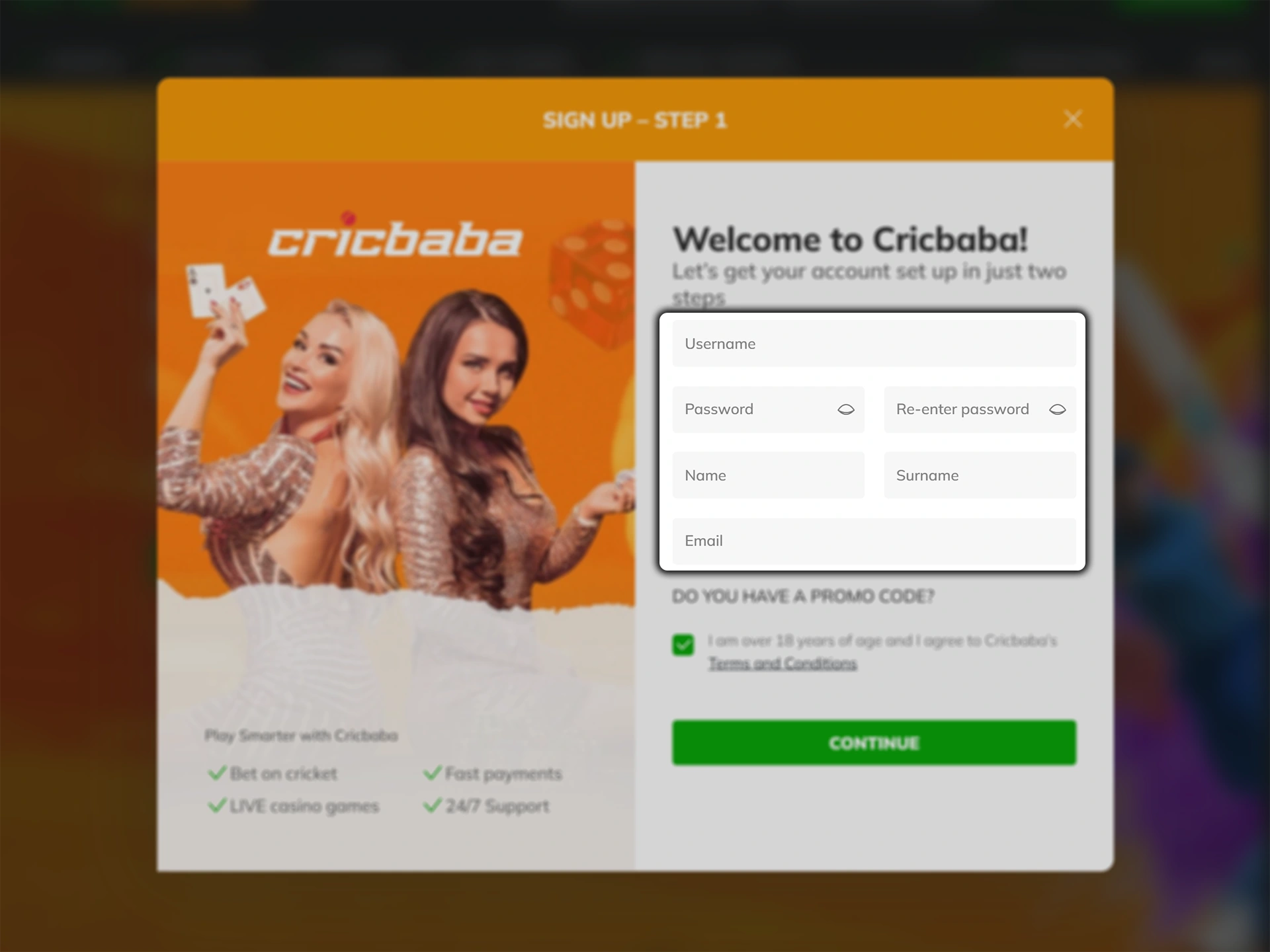 Create your Cricbaba account login details and fill in all the fields.