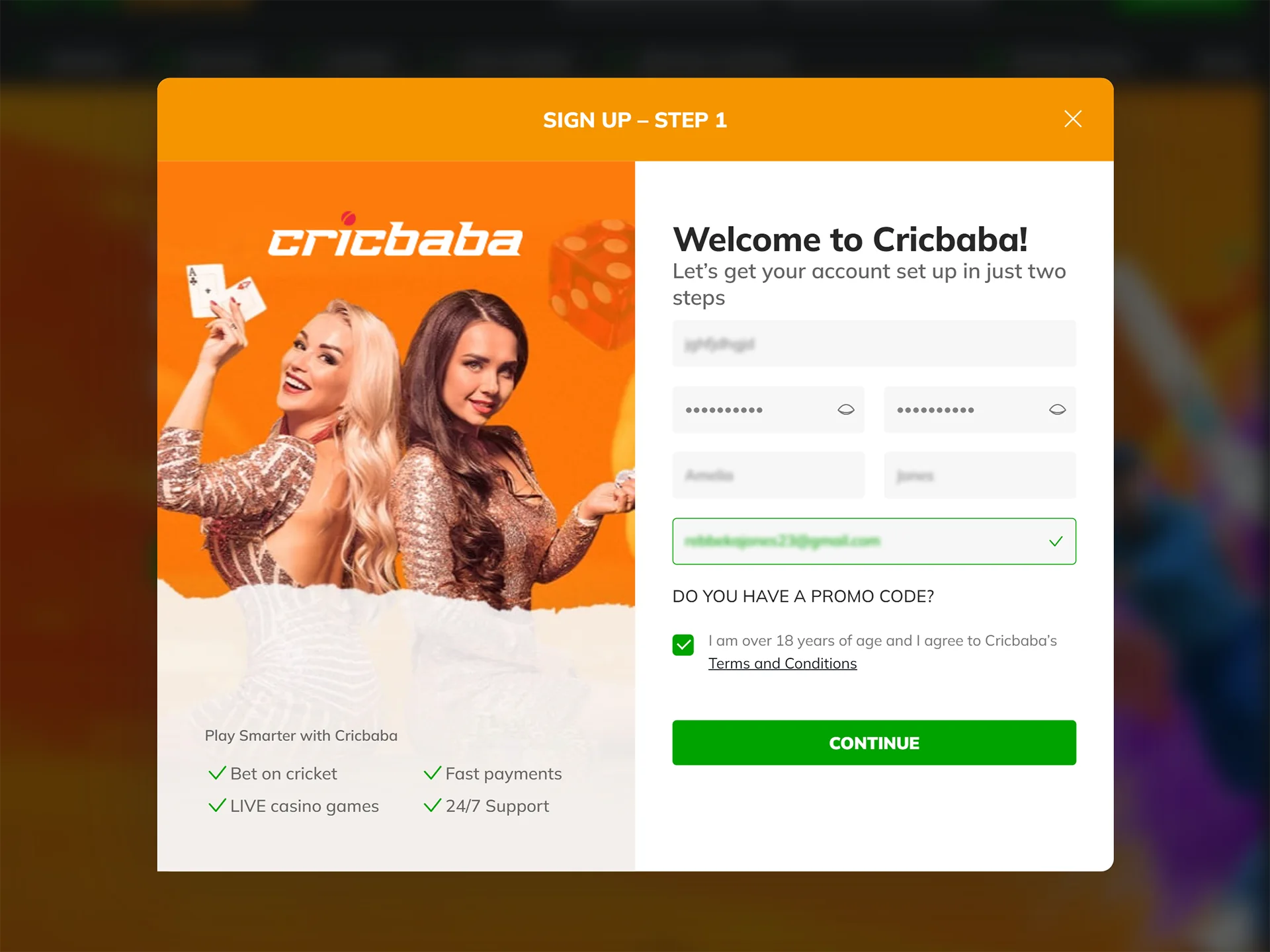 Fill in the fields of the Cricbaba registration form with the required information.
